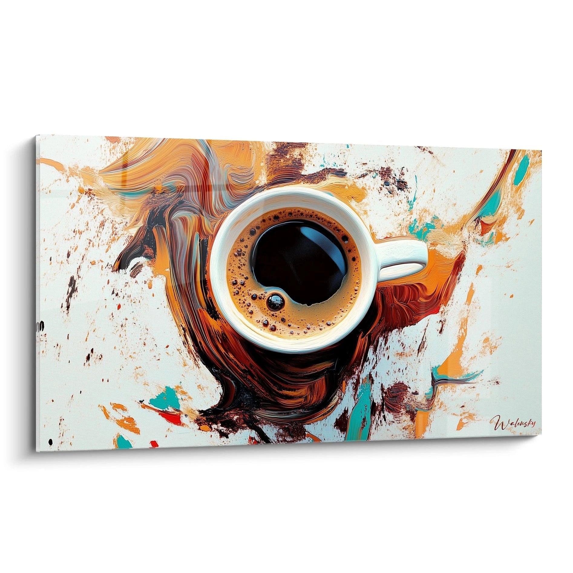 Un tableau café représentant une tasse vue du dessus, entourée de motifs fluides en orange, marron et bleu. La texture est lisse avec des effets de peinture tourbillonnante.