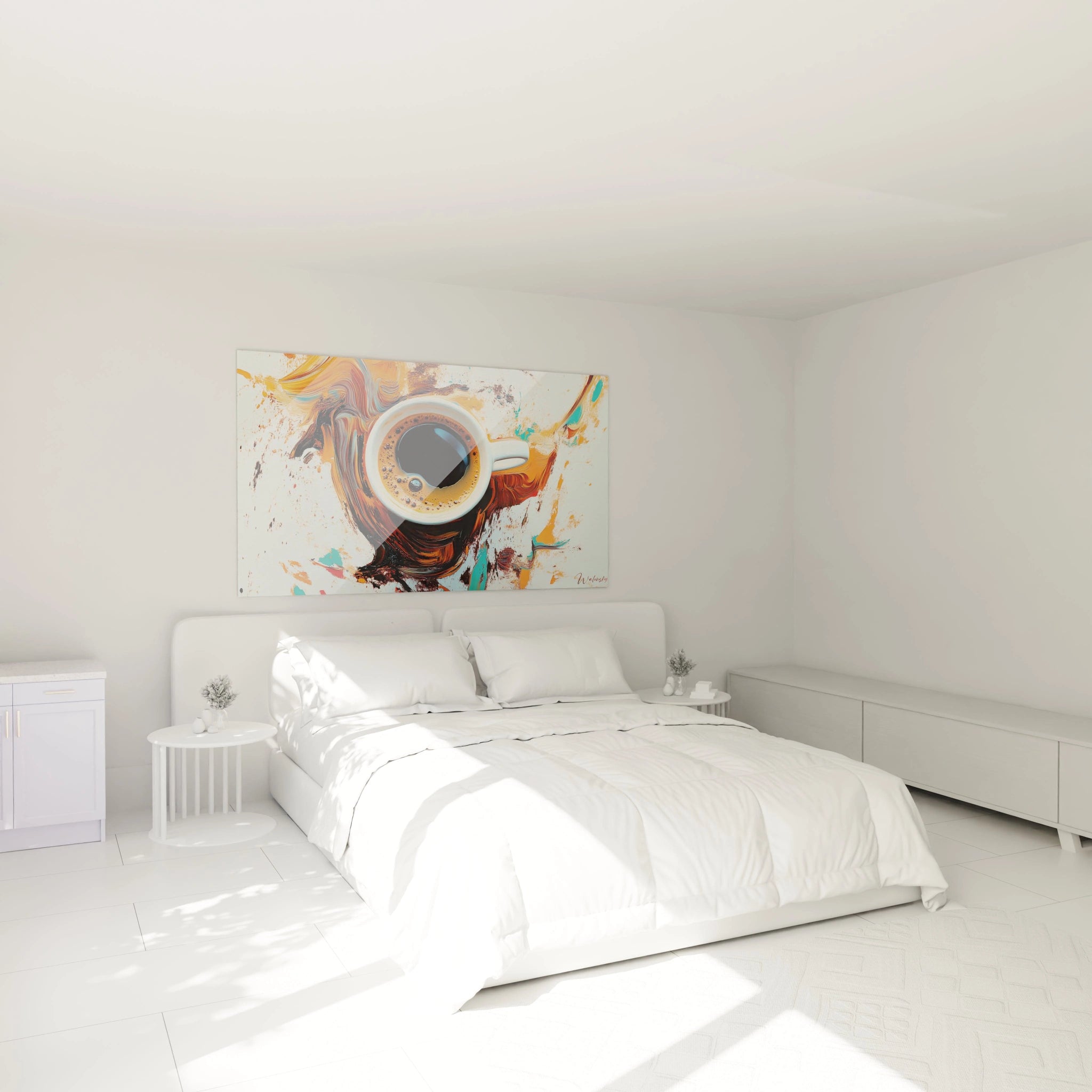 Un tableau café mettant en avant une tasse remplie de café noir, entourée de coulées de peinture abstraites en marron, orange et bleu. Le fond est clair avec des contrastes marqués.