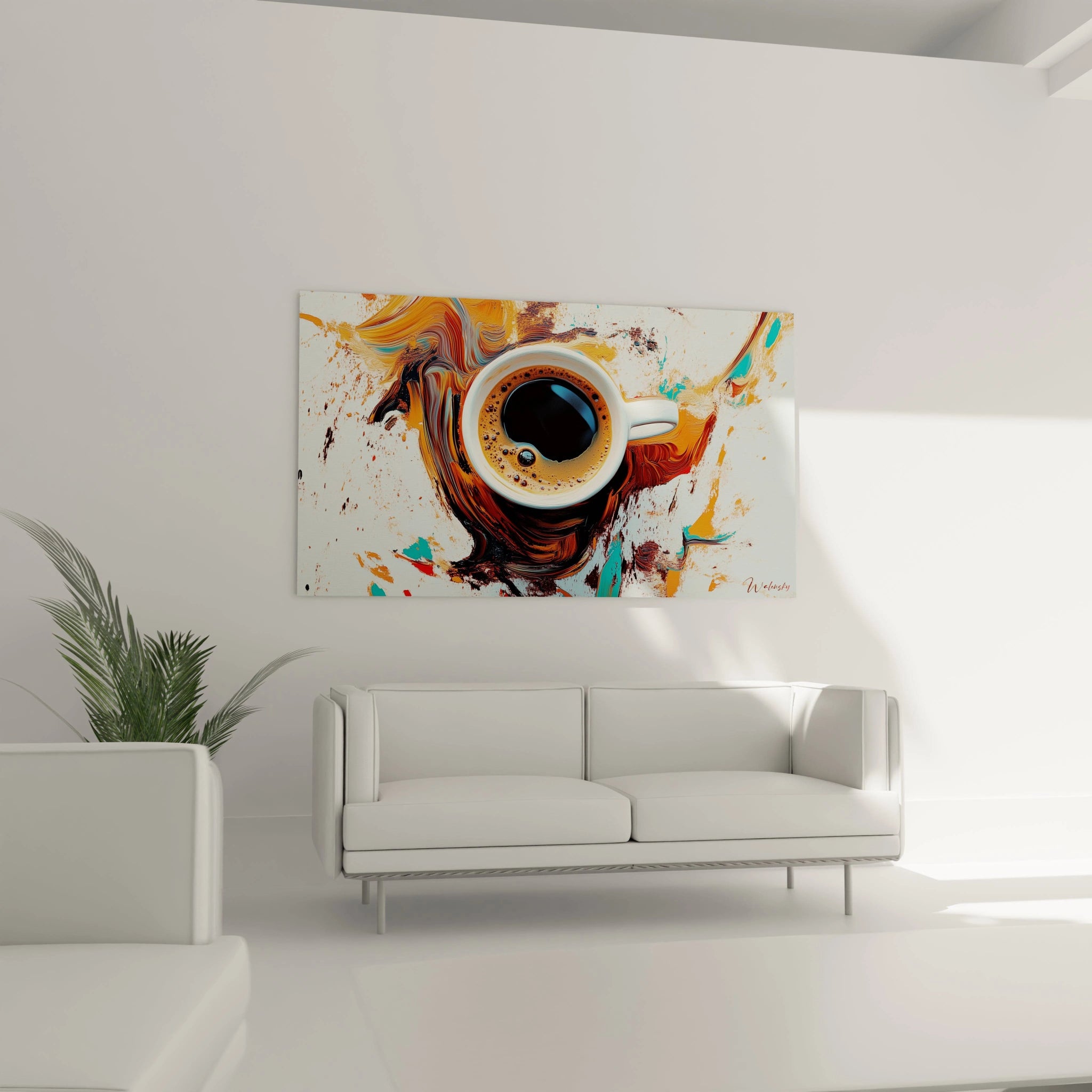 Un tableau café avec une tasse blanche centrée, entourée d’éclats de peinture en tons chauds et froids. Les textures sont dynamiques, créant un effet de mouvement autour du sujet principal.