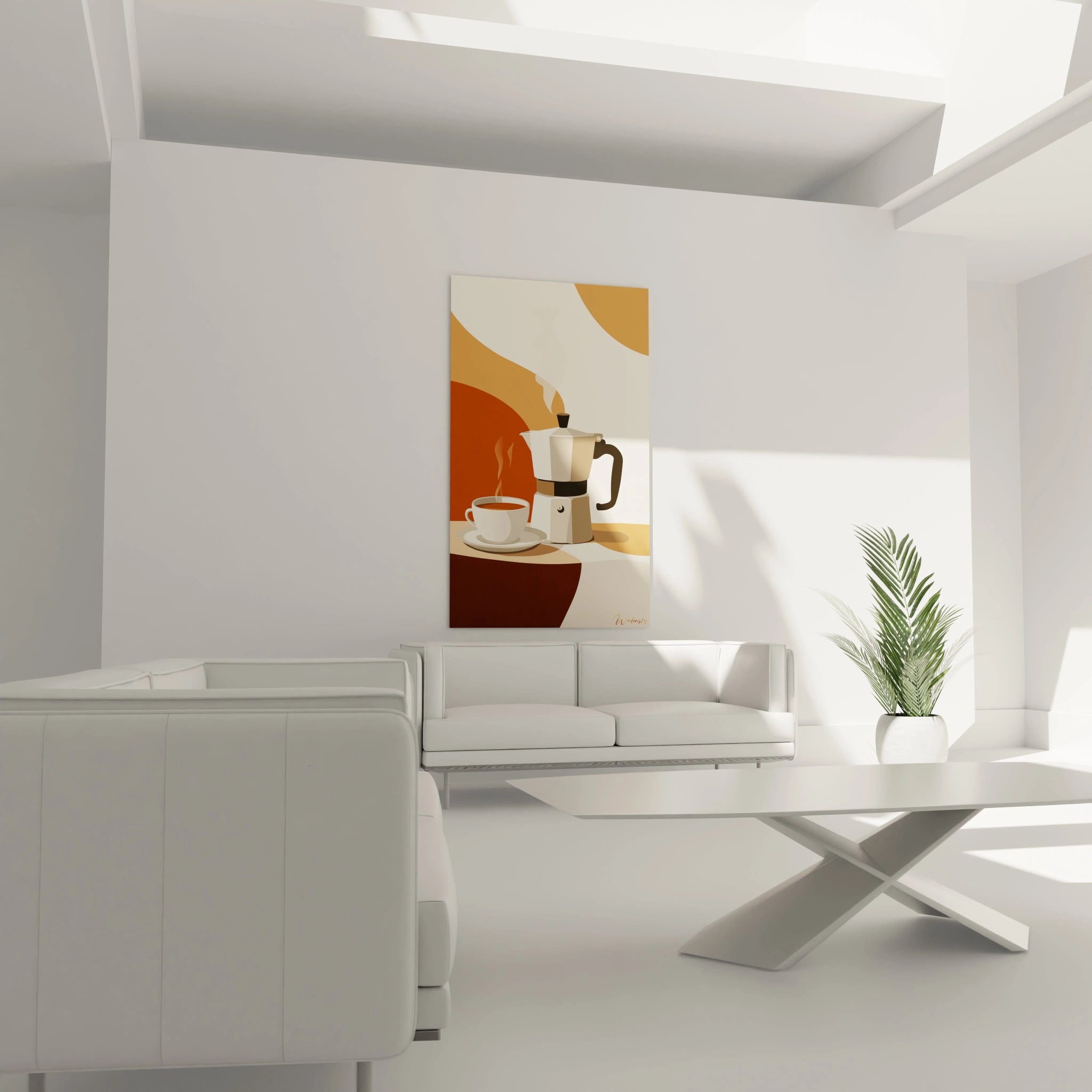 Un tableau café mettant en scène une cafetière en métal et une tasse de café. Les nuances principales sont beige, marron et orange, avec des dégradés subtils et une vapeur stylisée en transparence.