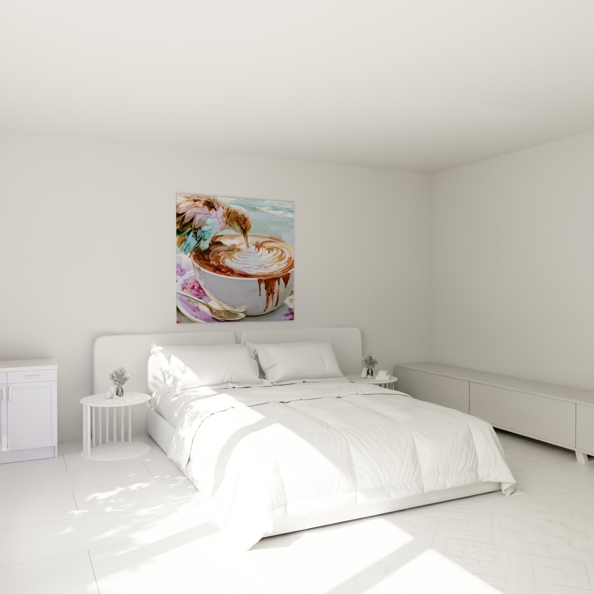 Volatile pastel penché sur une tasse brune et blanche, accroché au-dessus d'un lit dans une chambre claire