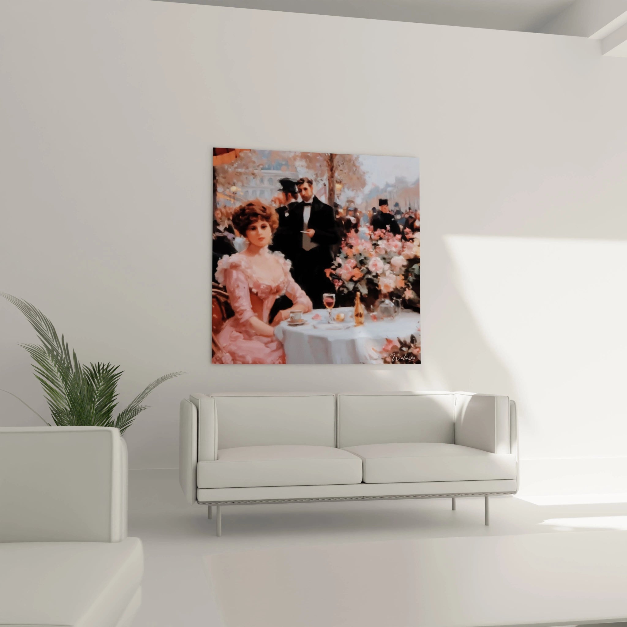 Walensky tableau mural figurant un tableau café parisien classique avec dame en robe rose serveur et décor floral