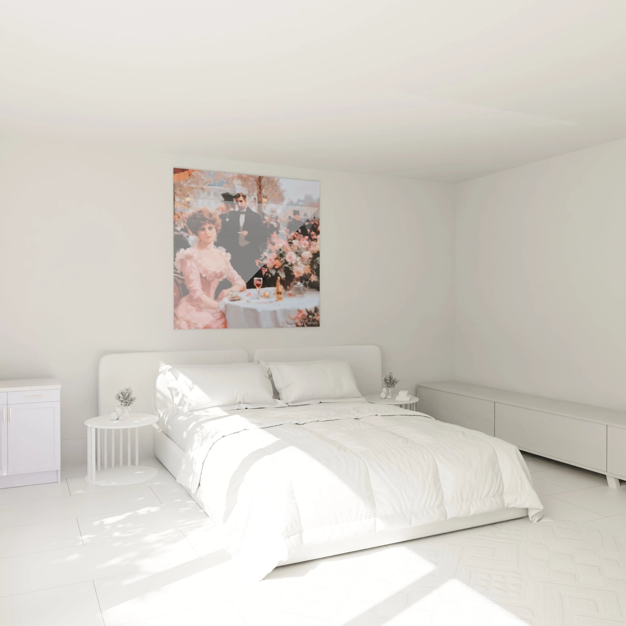 tableau café parisien classique Walensky accroché au-dessus d'un lit blanc dans une chambre minimaliste et lumineuse