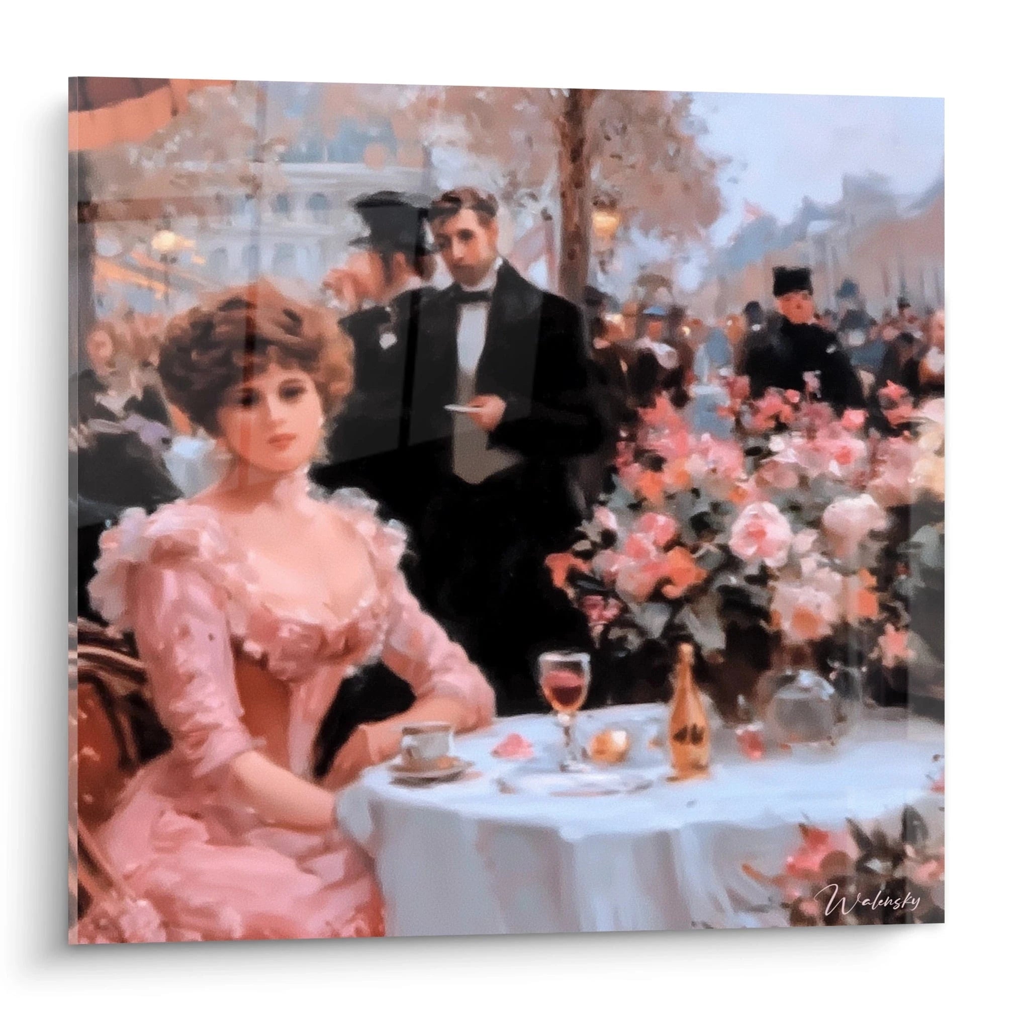 Walensky tableau café parisien classique représentant une terrasse parisienne élégante avec femme en robe rose et fleurs