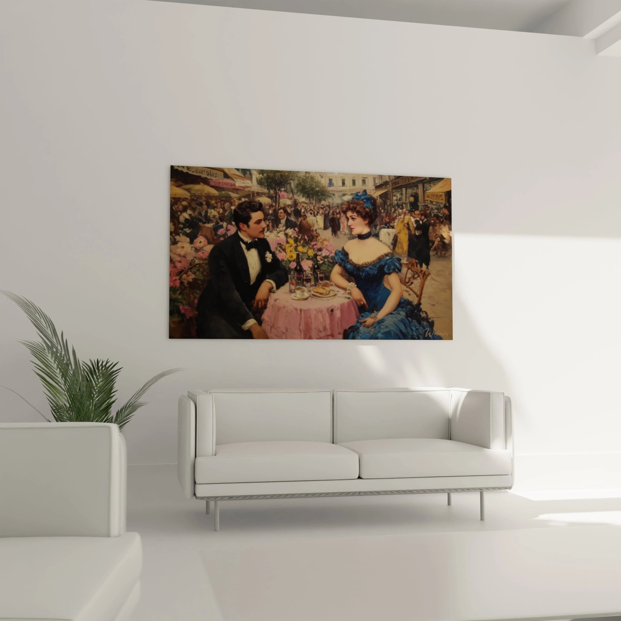 tableau café parisien classique Walensky représentant un couple élégant attablé dans un café animé