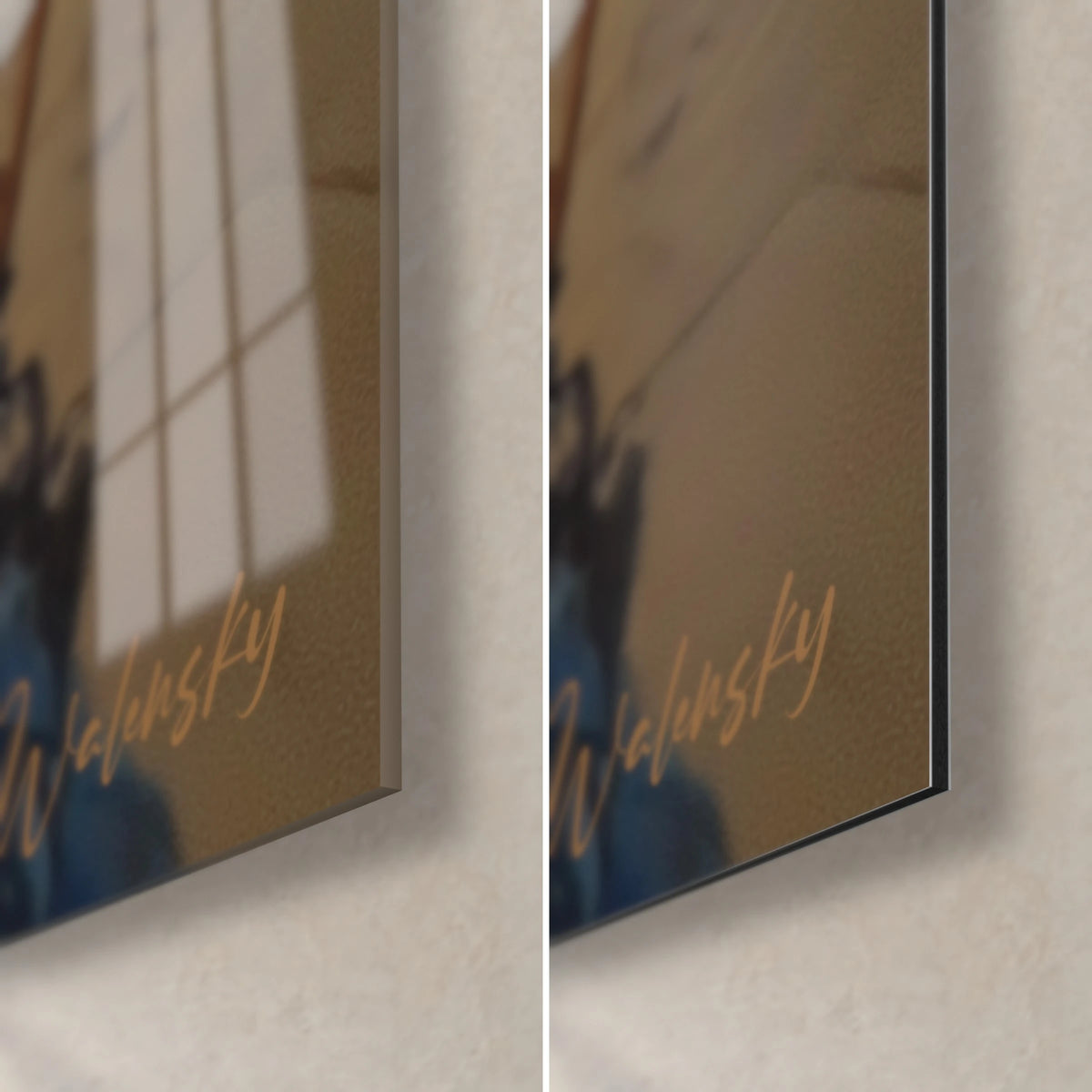 Tableau dame en robe bleu roi à volants, coin bas droit : verre acrylique brillant et alu Dibond mat, signature dorée Walensky
