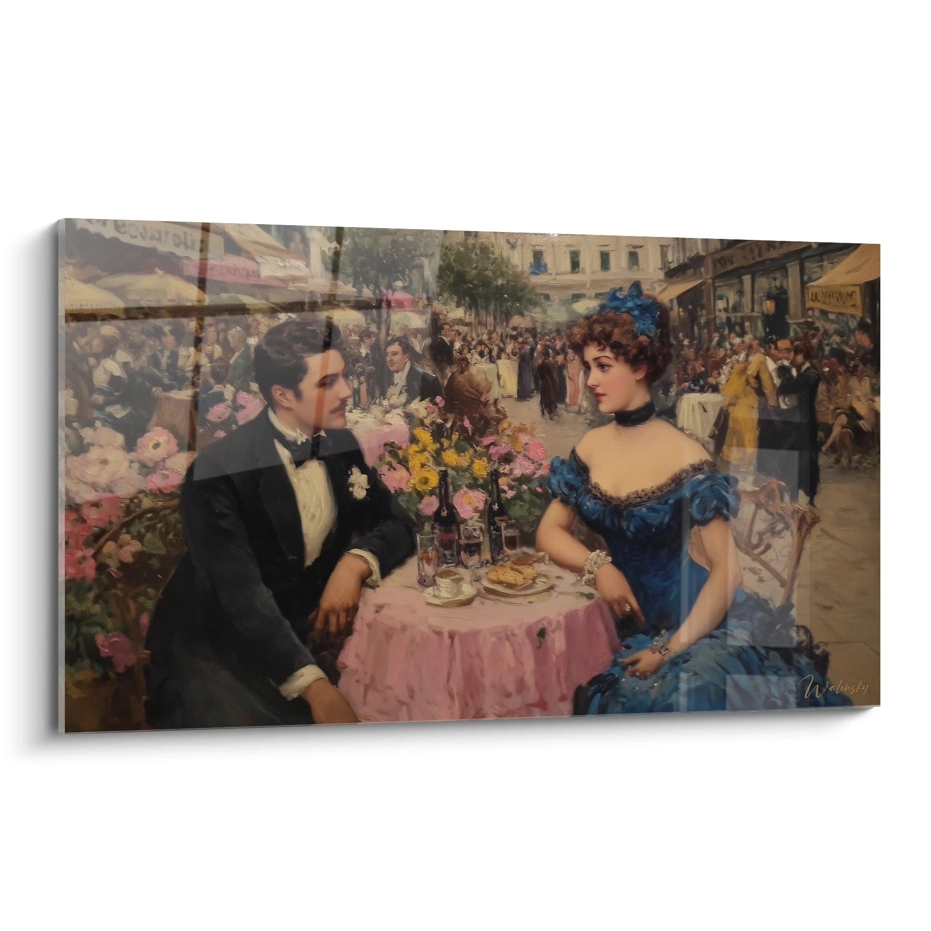 Walensky tableau café parisien classique montrant un couple élégant en tenue du 19e siècle à la terrasse robe bleue et fleurs
