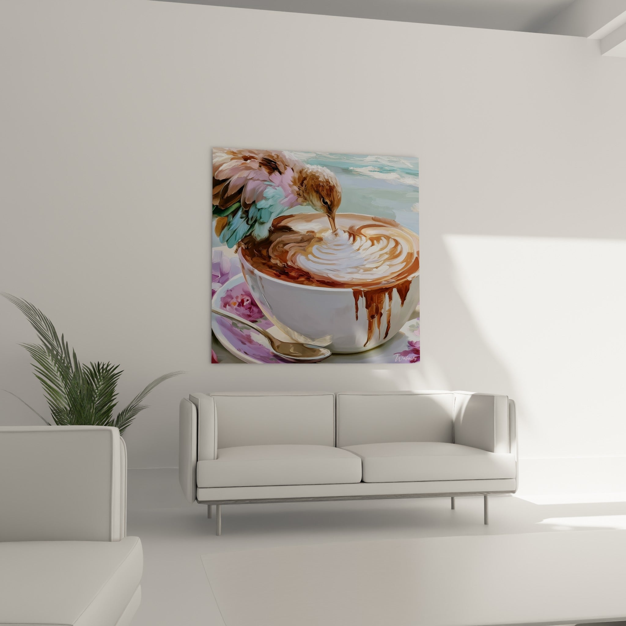Plumes roses et turquoise d'un oiseau surplombant une tasse crémeuse, au-dessus d'un canapé dans un salon lumineux