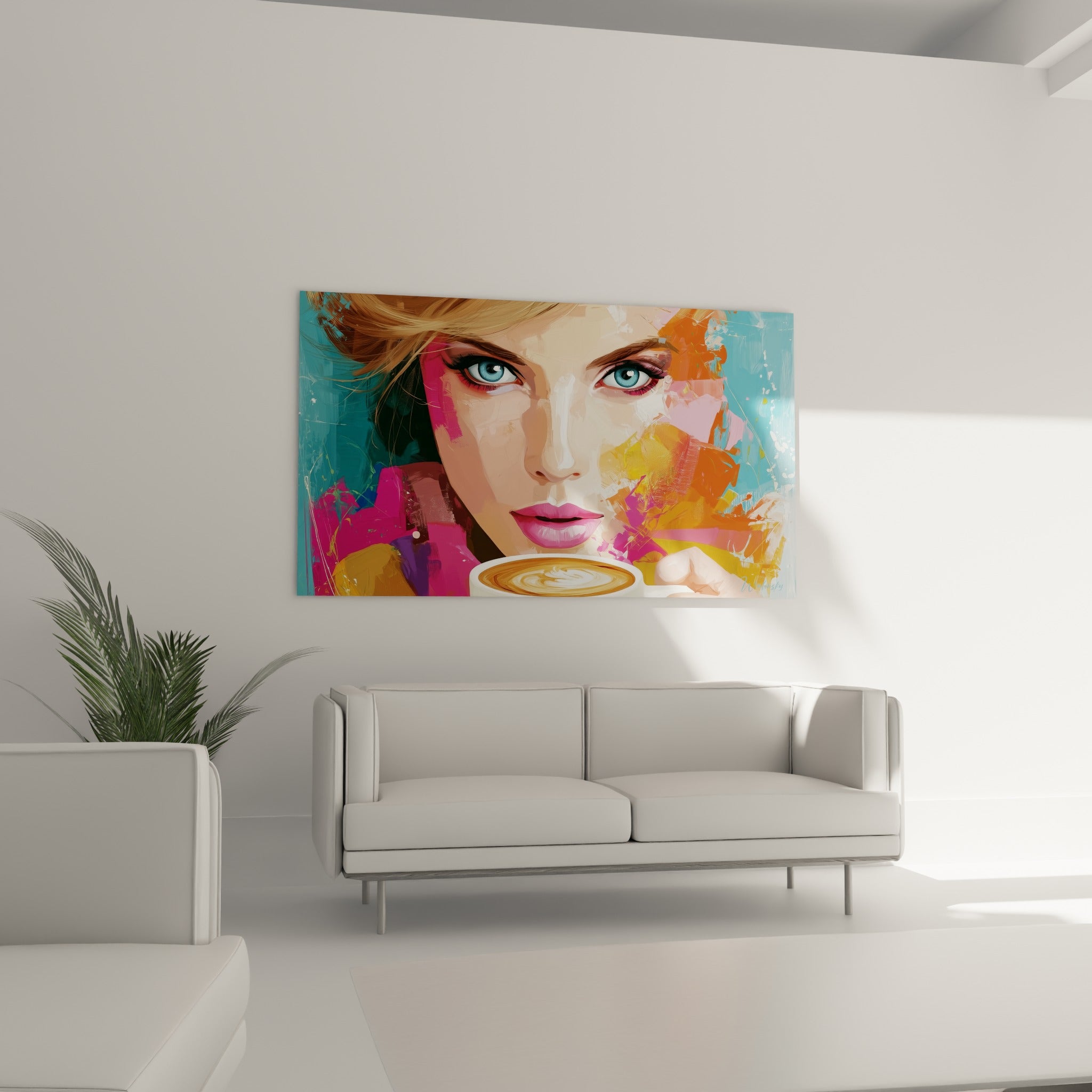Femme au regard bleu et tasse de café doré, disposée au-dessus d'un canapé dans un salon lumineux