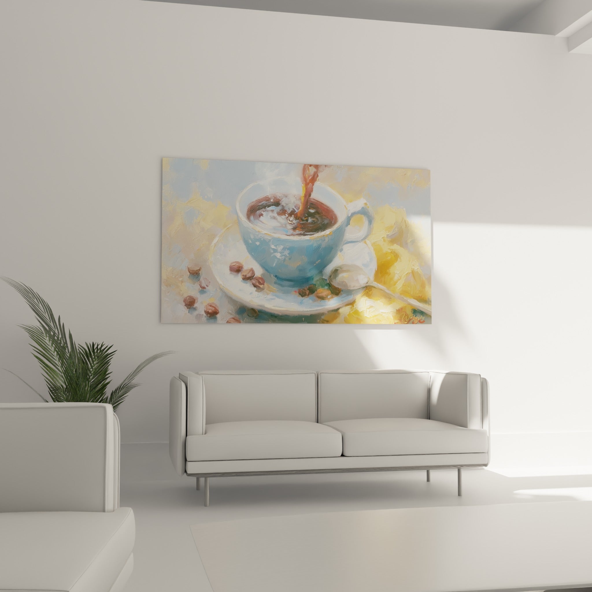 Grains de café bruns et tasse bleu pastel peints à l'huile, au-dessus d'un canapé dans un salon lumineux