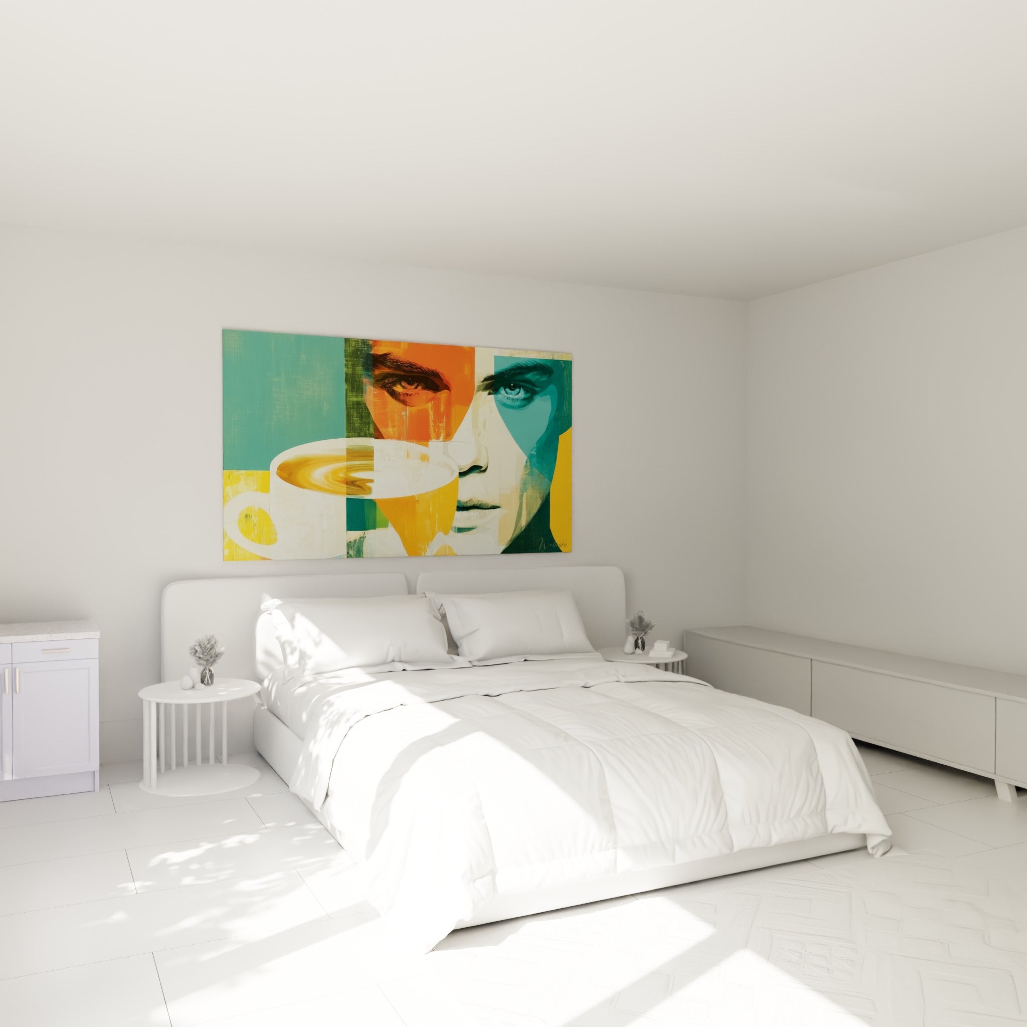 Portrait fragmenté orange et bleu-vert autour d'une tasse fumante, au-dessus d'un lit dans une chambre claire