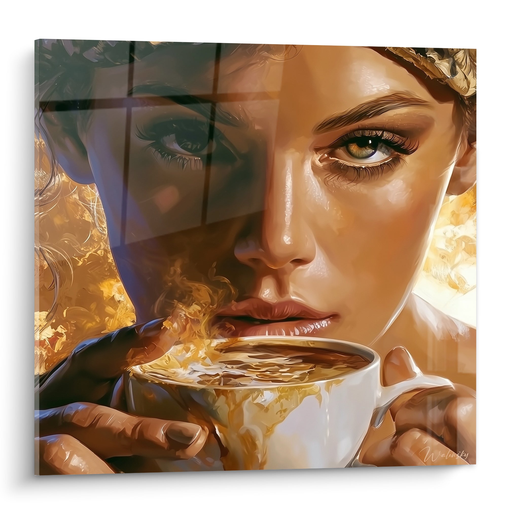 Femme aux yeux verts buvant un café doré, mains sur tasse blanche fumante, reflet anthracite