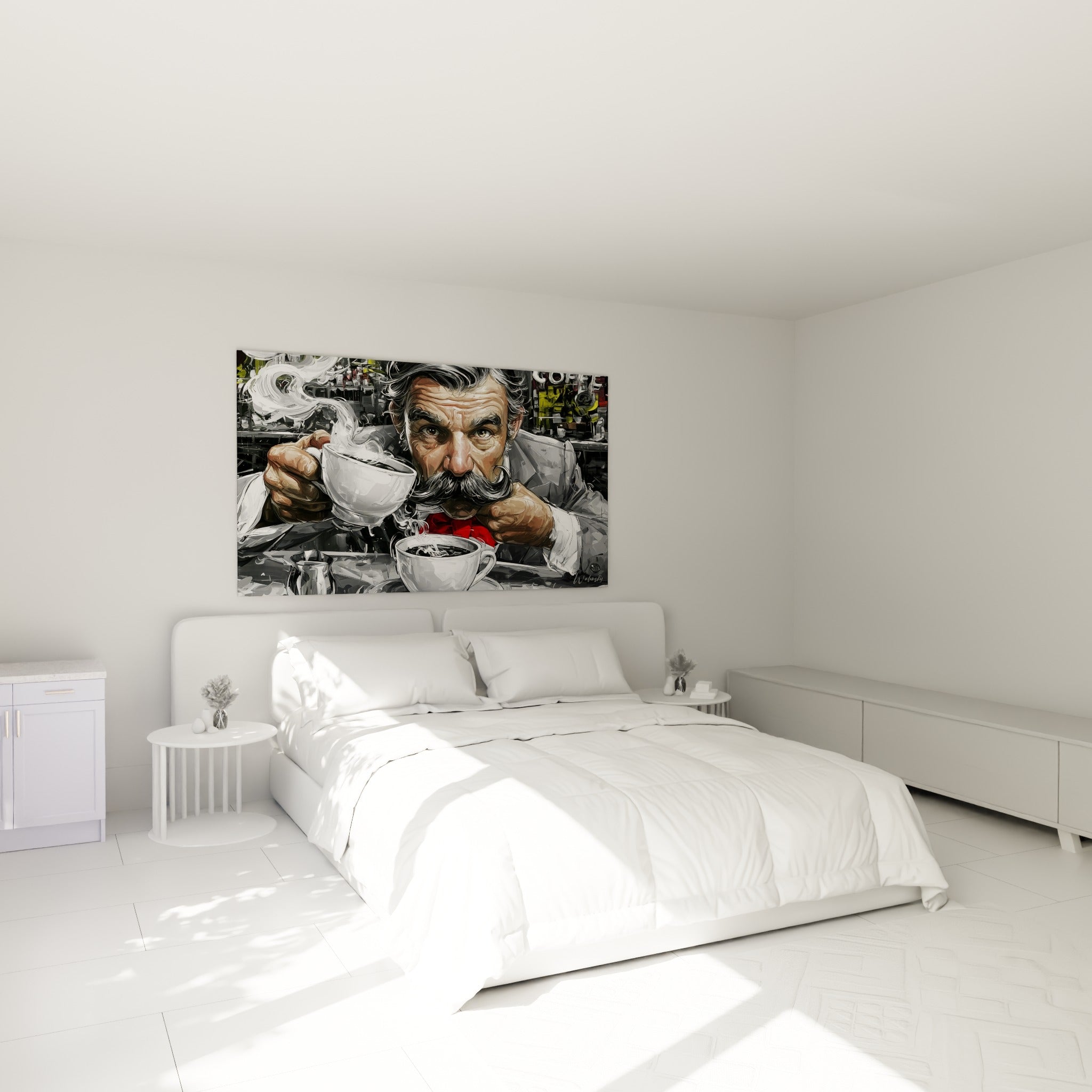 Portrait au café fumant, tons gris et rouge, accroché au-dessus d'un lit dans une chambre claire