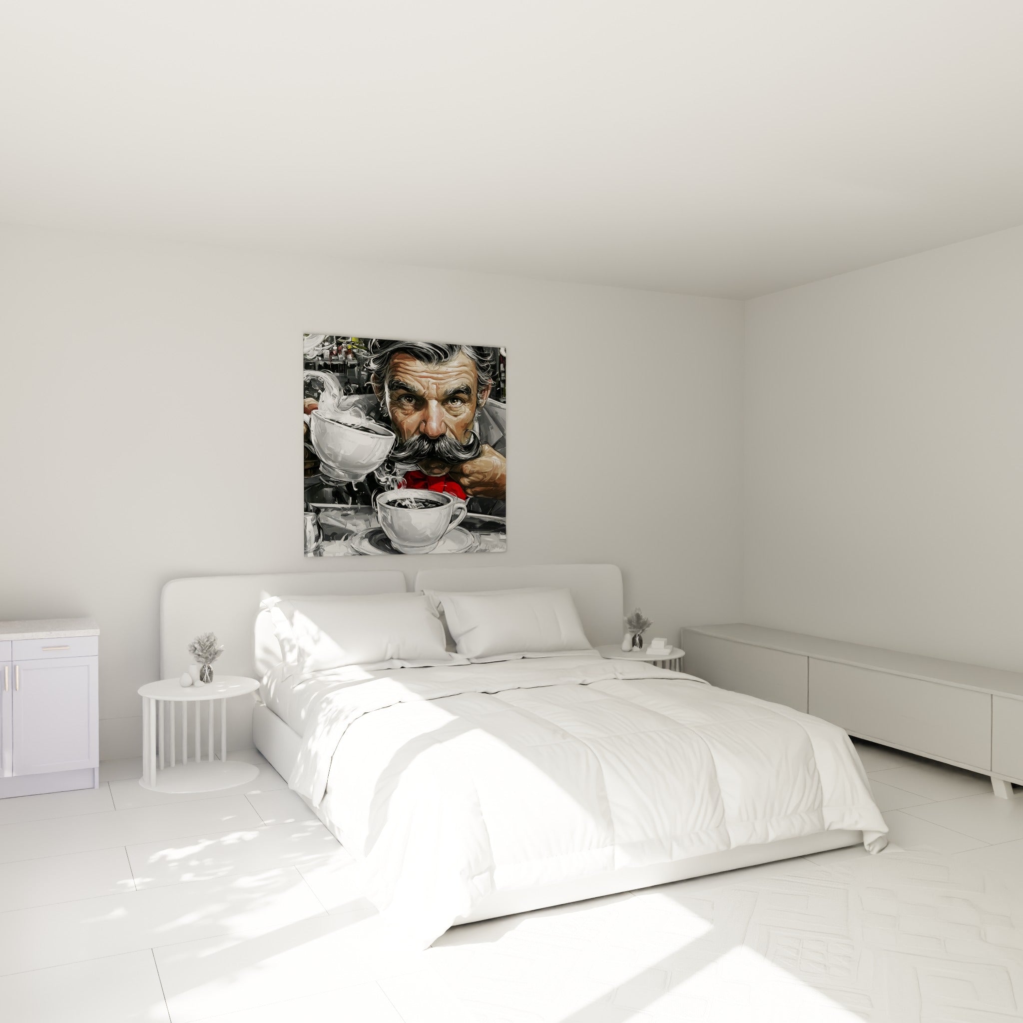 Portrait graphique d'un homme moustachu à la tasse fumante, en noir, blanc et rouge, au-dessus d'un lit dans une chambre claire.