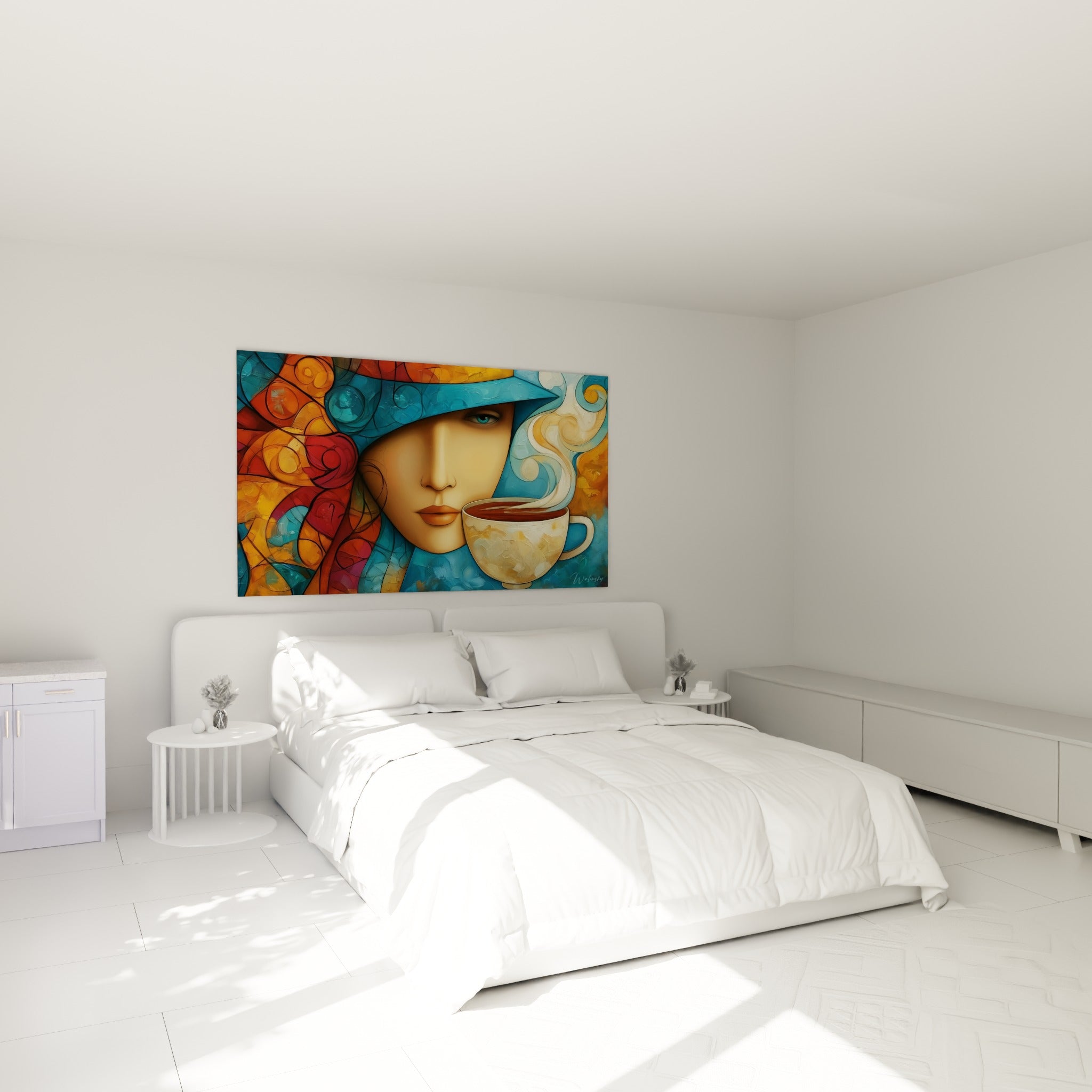 Portrait graphique bleu et rouge à la tasse fumante au-dessus d'un lit dans une chambre claire