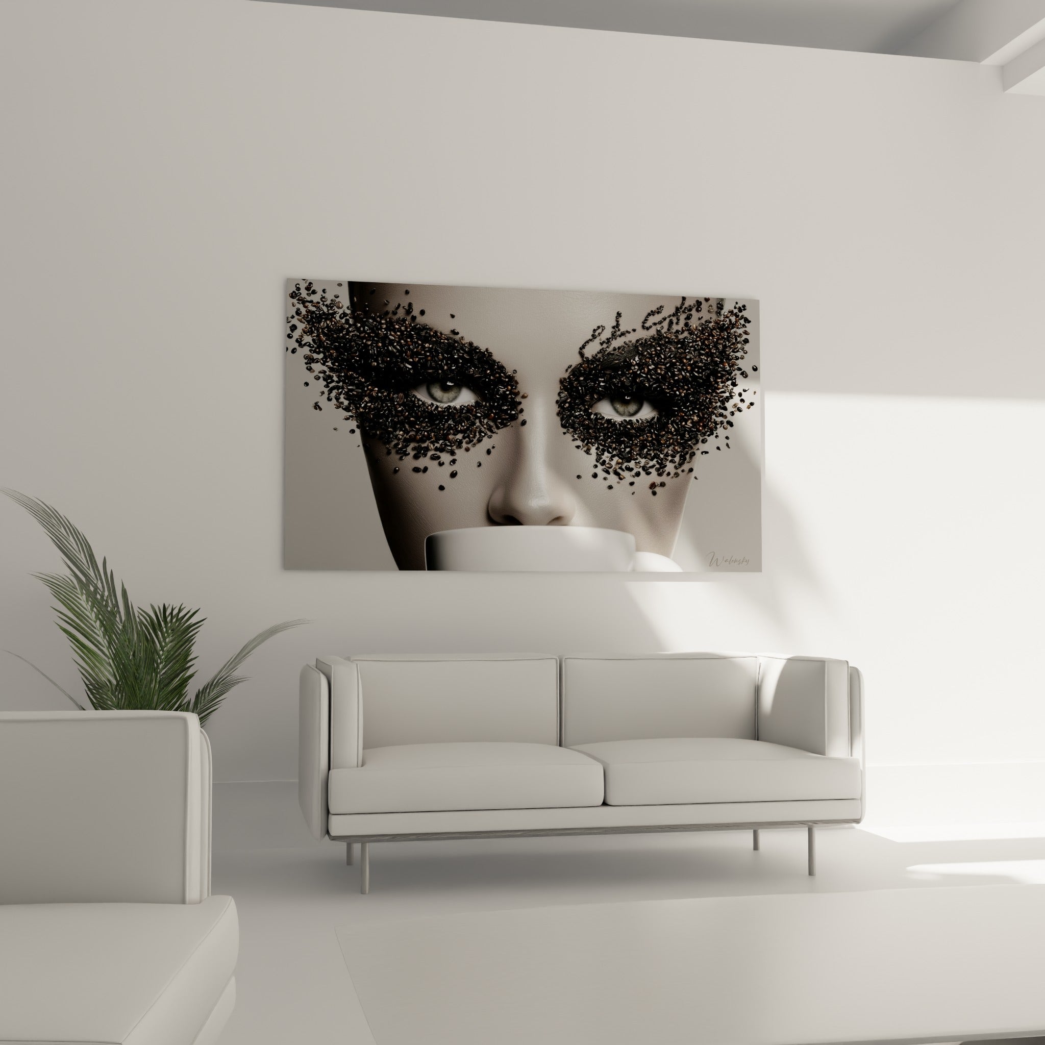 Femme au maquillage de grains de café bruns et noirs au-dessus d'un canapé dans un salon lumineux