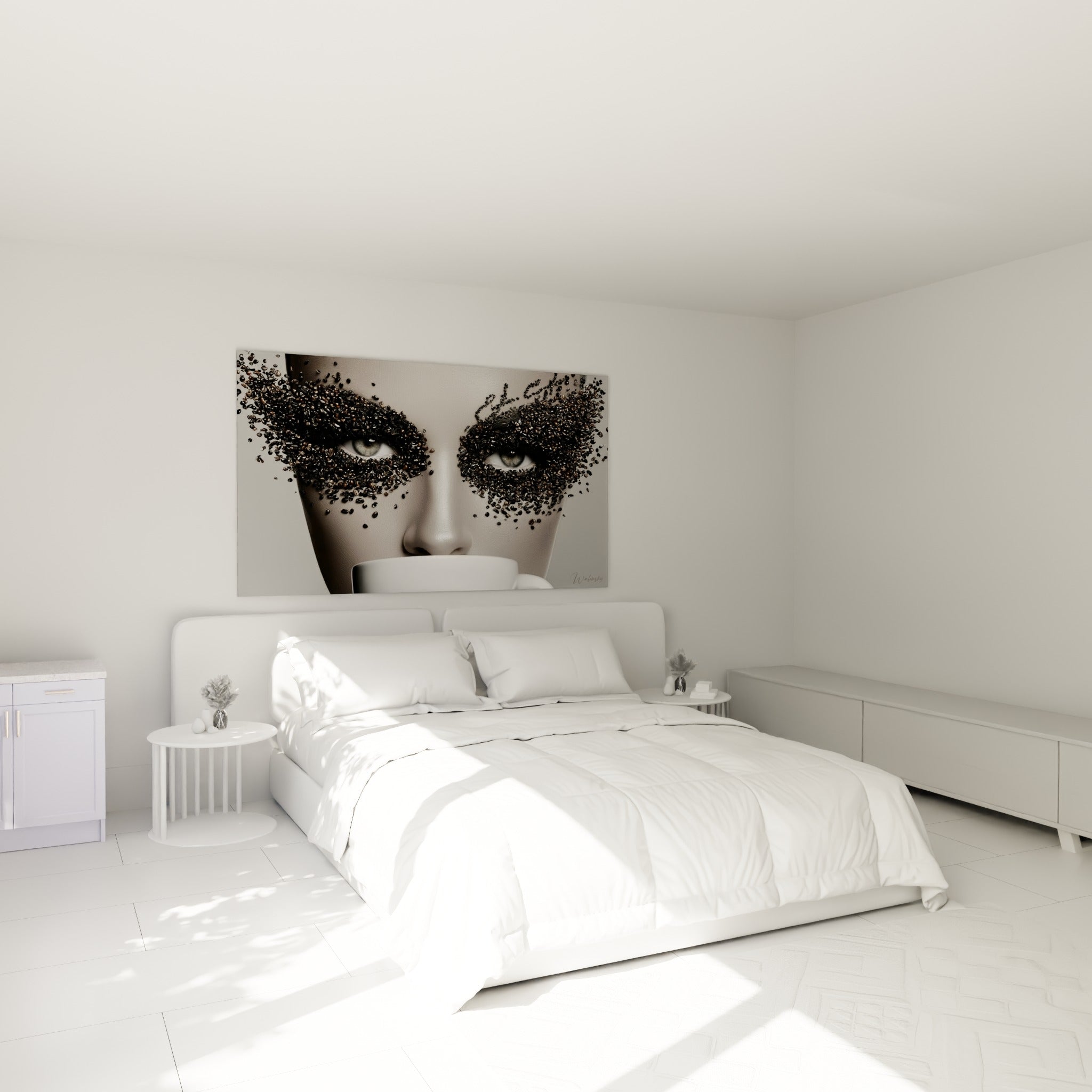 Regard intense aux paupières brunes et noires de grains torréfiés au-dessus d'un lit dans une chambre claire