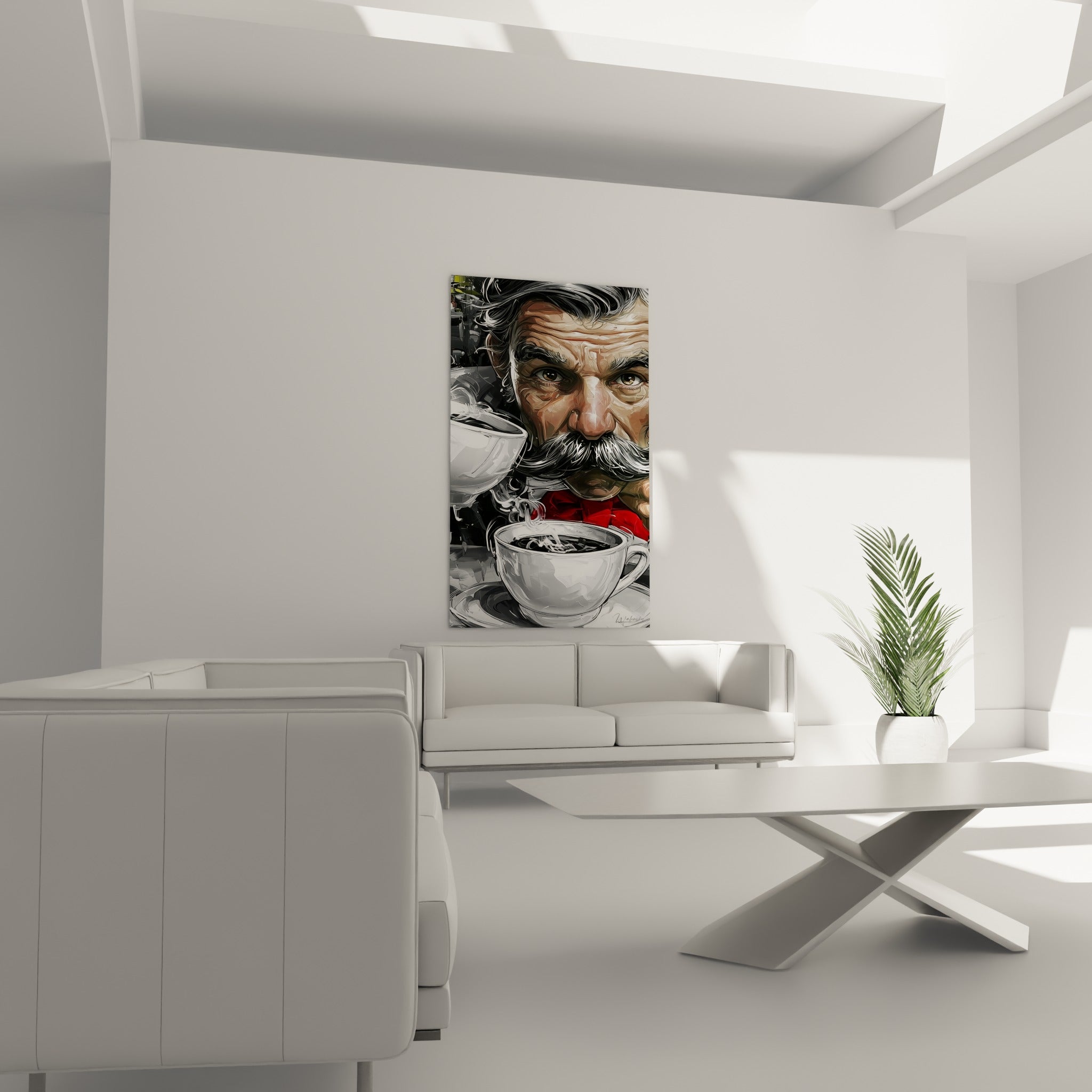 Regard intense et moustache fournie, contraste rouge et anthracite, tableau café au-dessus d'un canapé dans un salon lumineux