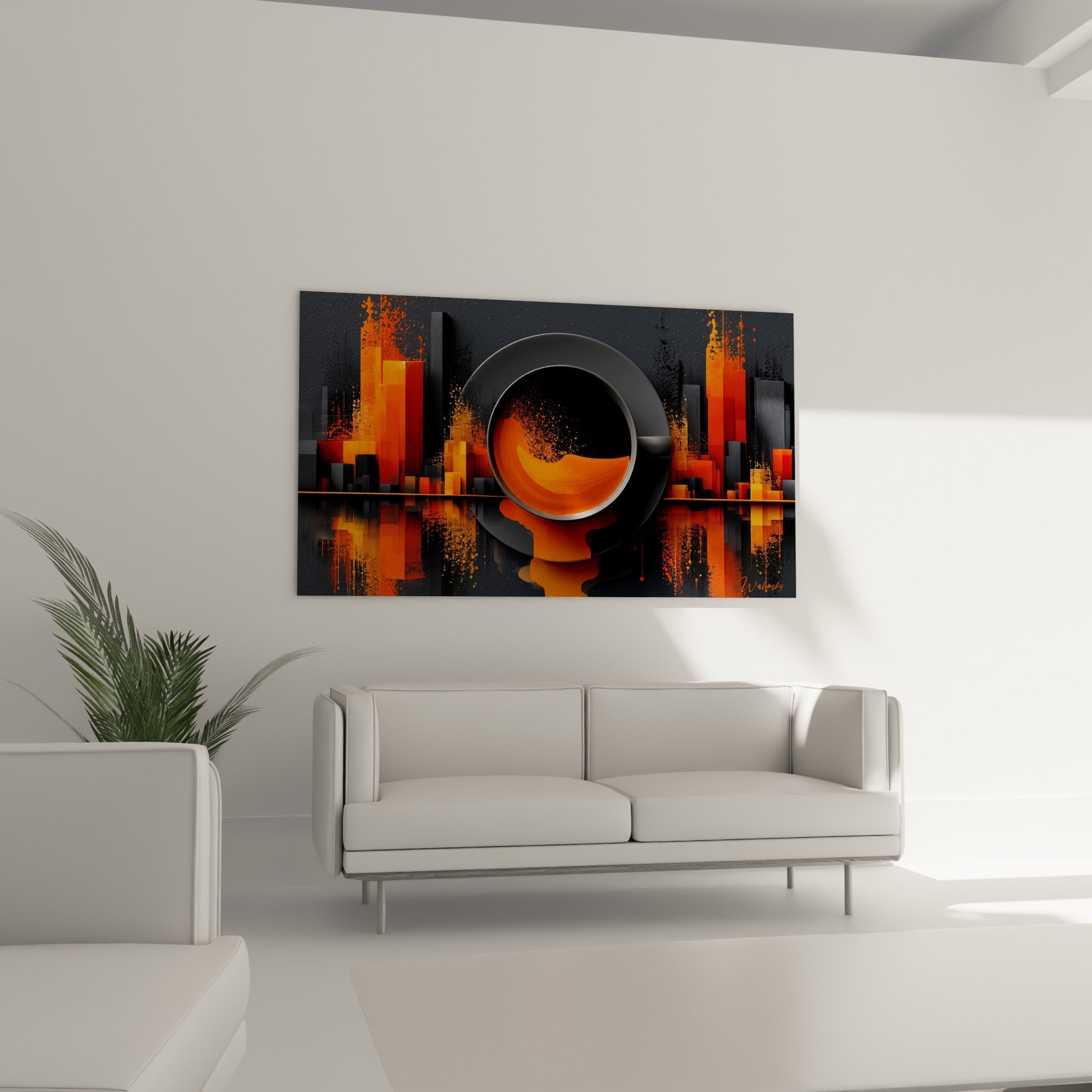 Immeubles fauves et tasse anthracite composent ce tableau café, au-dessus d'un canapé dans un salon lumineux