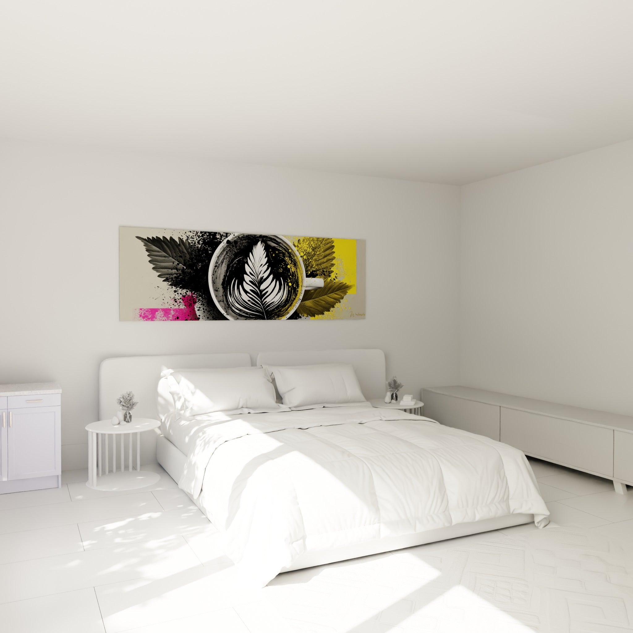Rosette blanche sur café noir avec éclats jaunes et fuchsia, accrochée au-dessus d'un lit dans une chambre claire