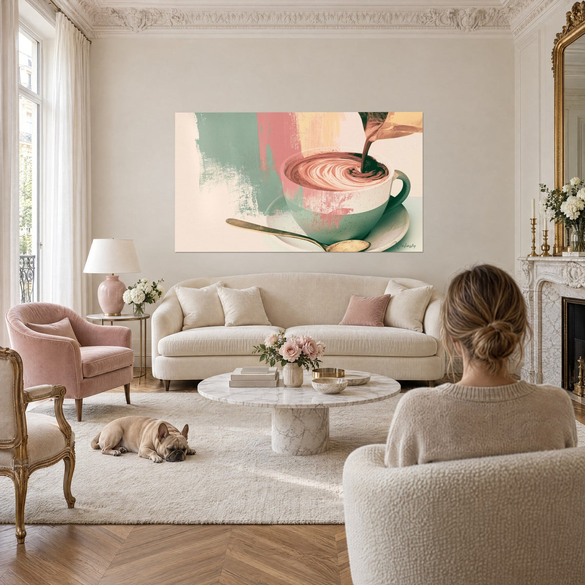 Tableau tasse crème versant un filet de chocolat en spirale, aplats vert menthe et rose poudré, au-dessus d'un canapé dans un salon lumineux