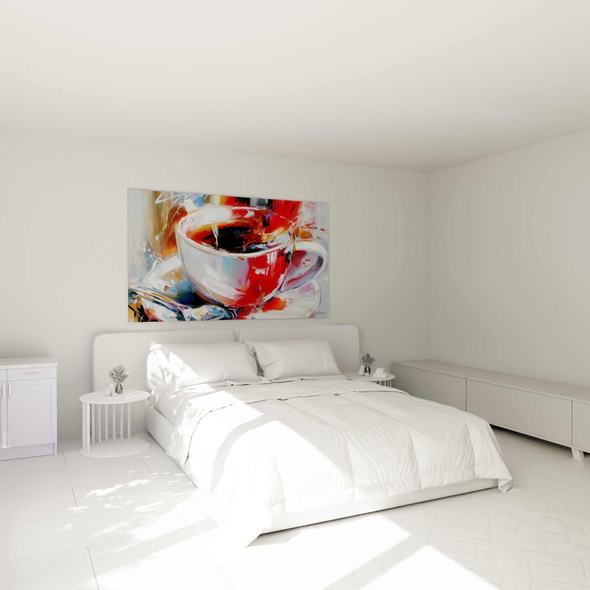 Peinture d'une tasse de café rouge et blanche accrochée au-dessus d'un lit dans une chambre claire