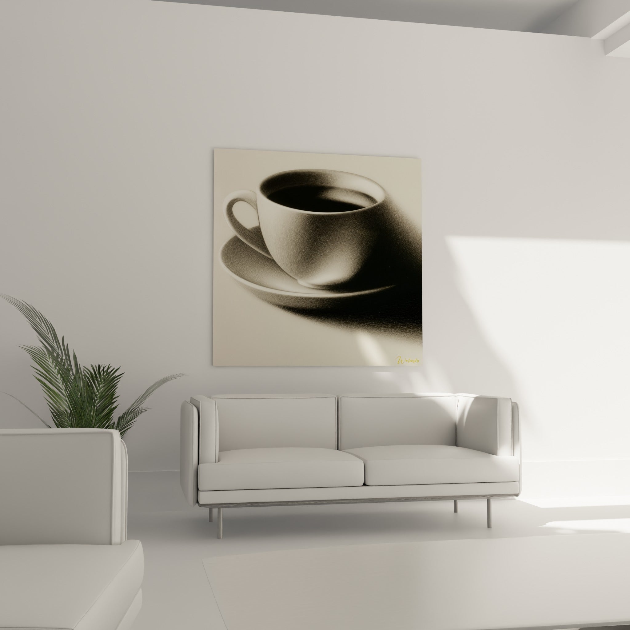 Soucoupe blanche et tasse anthracite au liquide sombre, suspendues au-dessus d'un canapé dans un salon lumineux