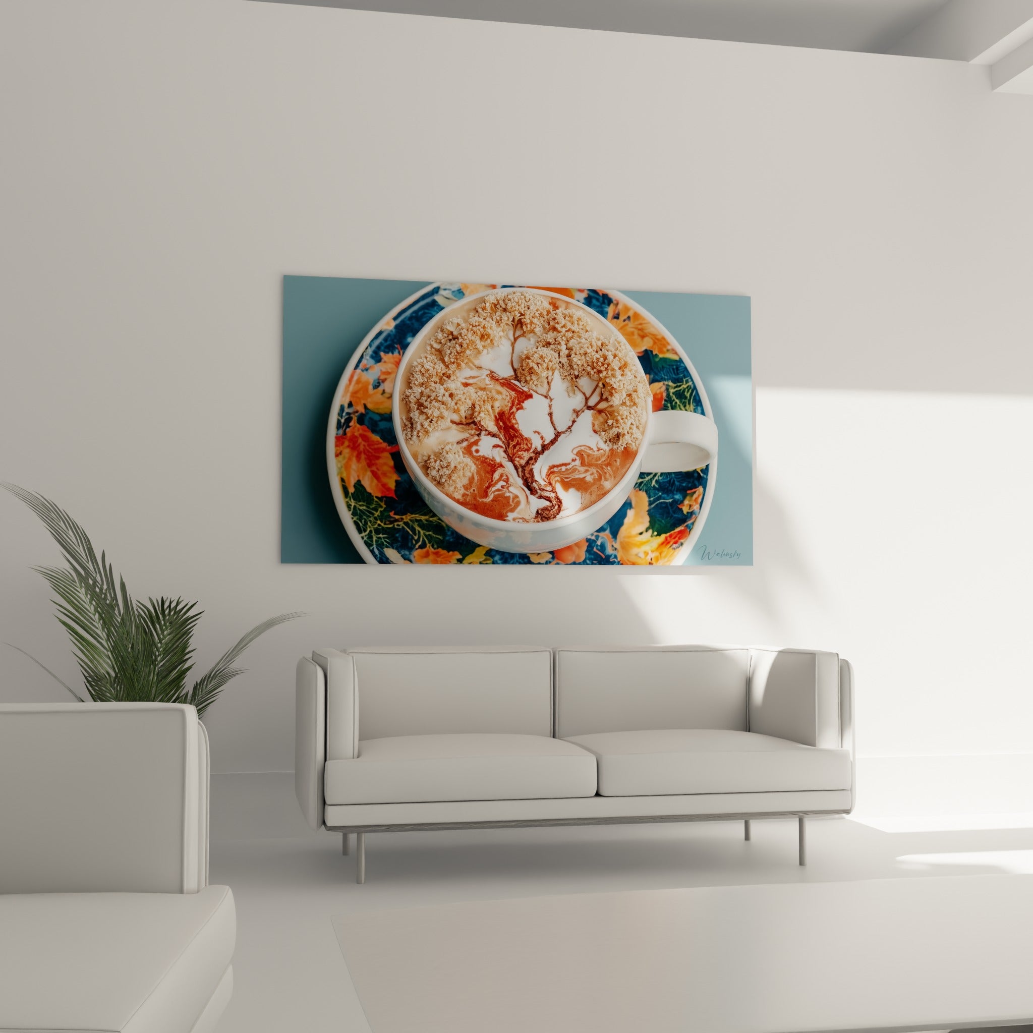 Mousse caramel sculptée en arbre sur fond bleu marine et orange, tableau café au-dessus d'un canapé dans un salon lumineux