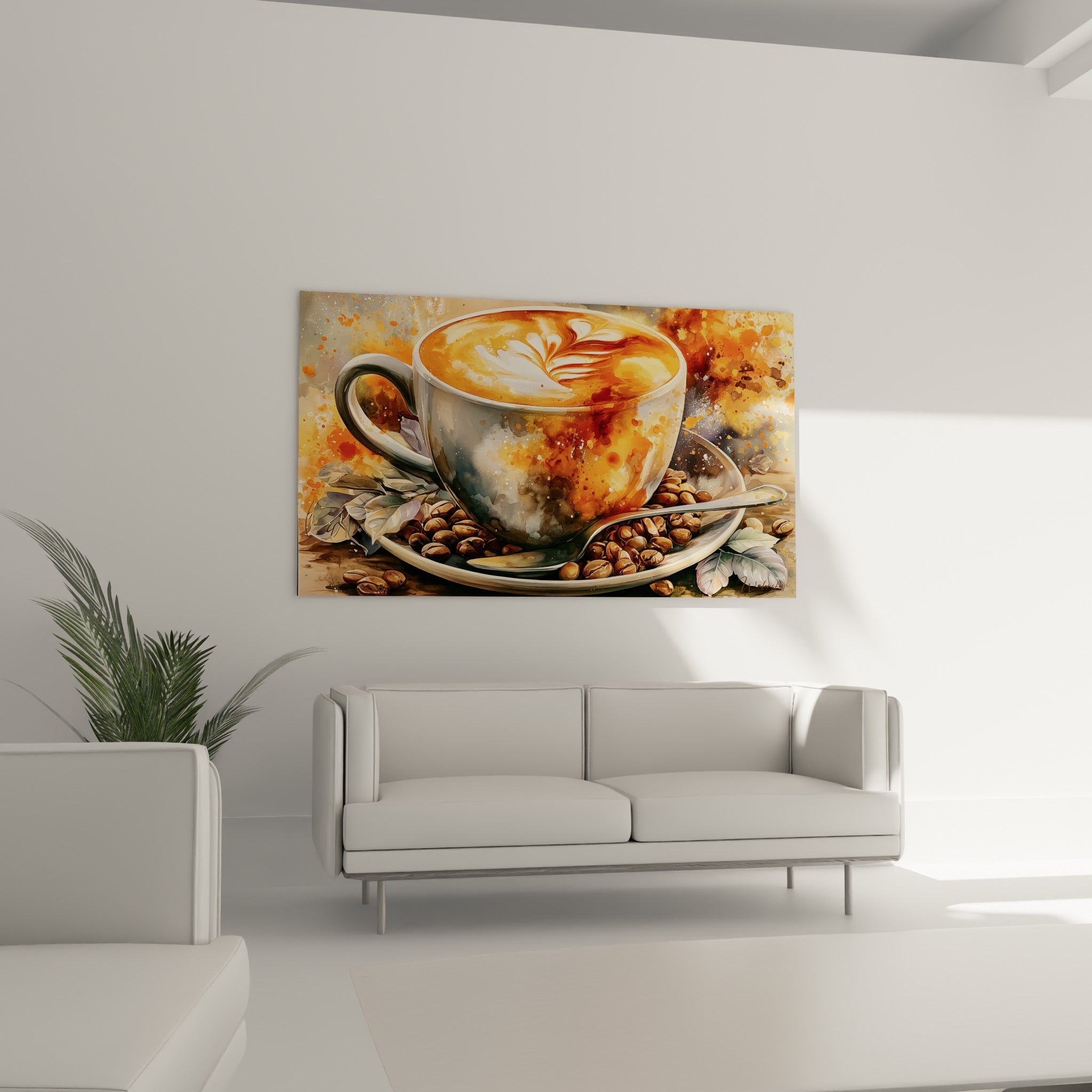 Soucoupe blanche parsemée de grains de café dorés sur ce tableau, au-dessus d'un canapé dans un salon lumineux