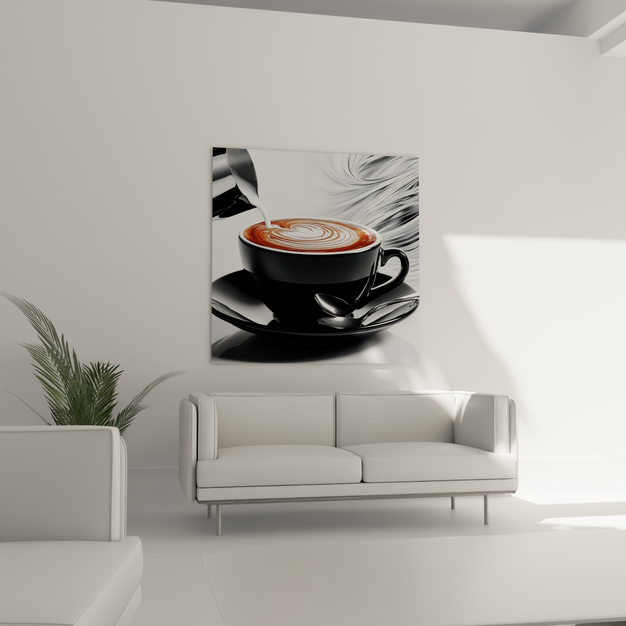 Lait blanc formant un cœur sur café ocre, tasse noire brillante au-dessus d'un canapé dans un salon lumineux
