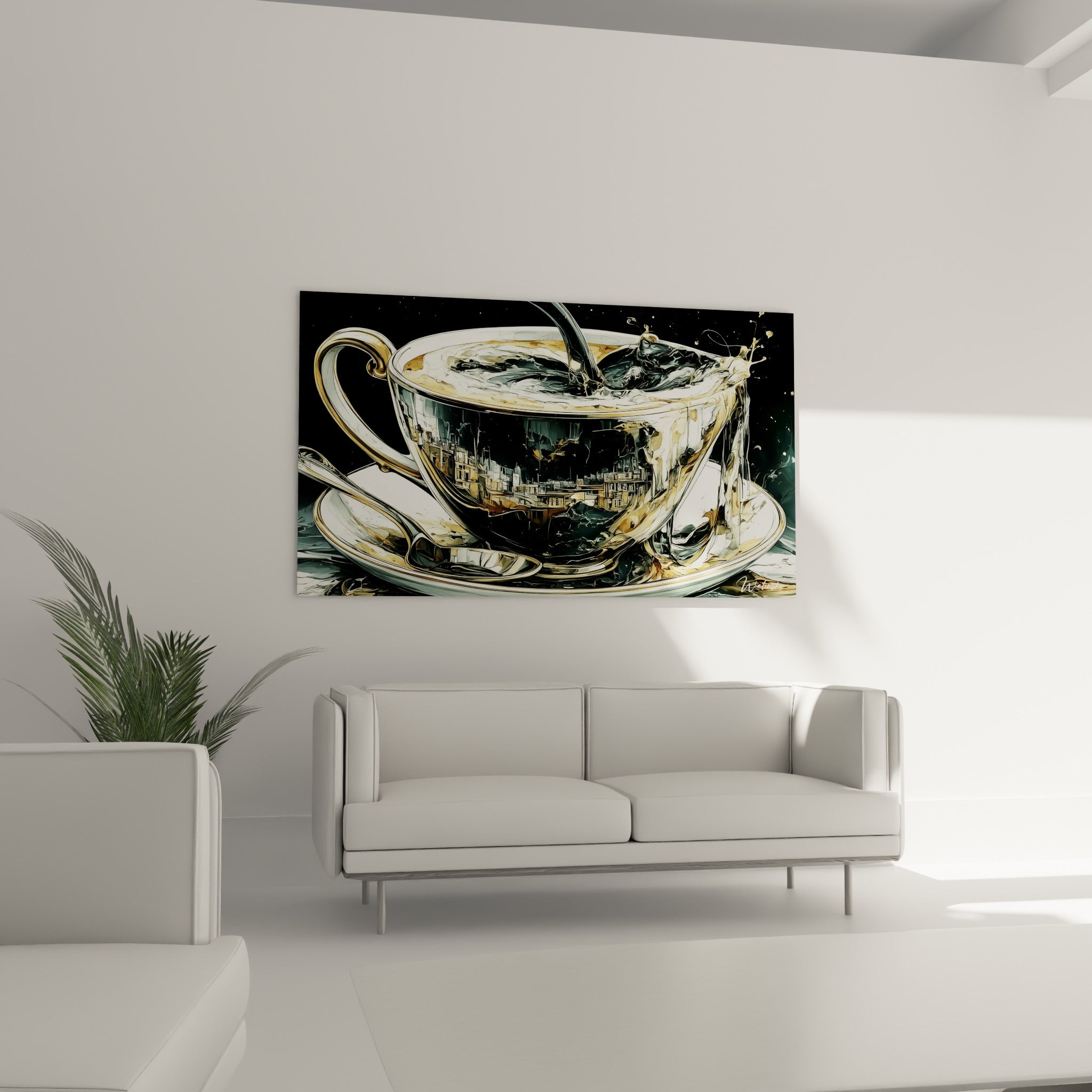 Tasse porcelaine dorée et café noir en mouvement dynamique, au-dessus d'un canapé dans un salon lumineux