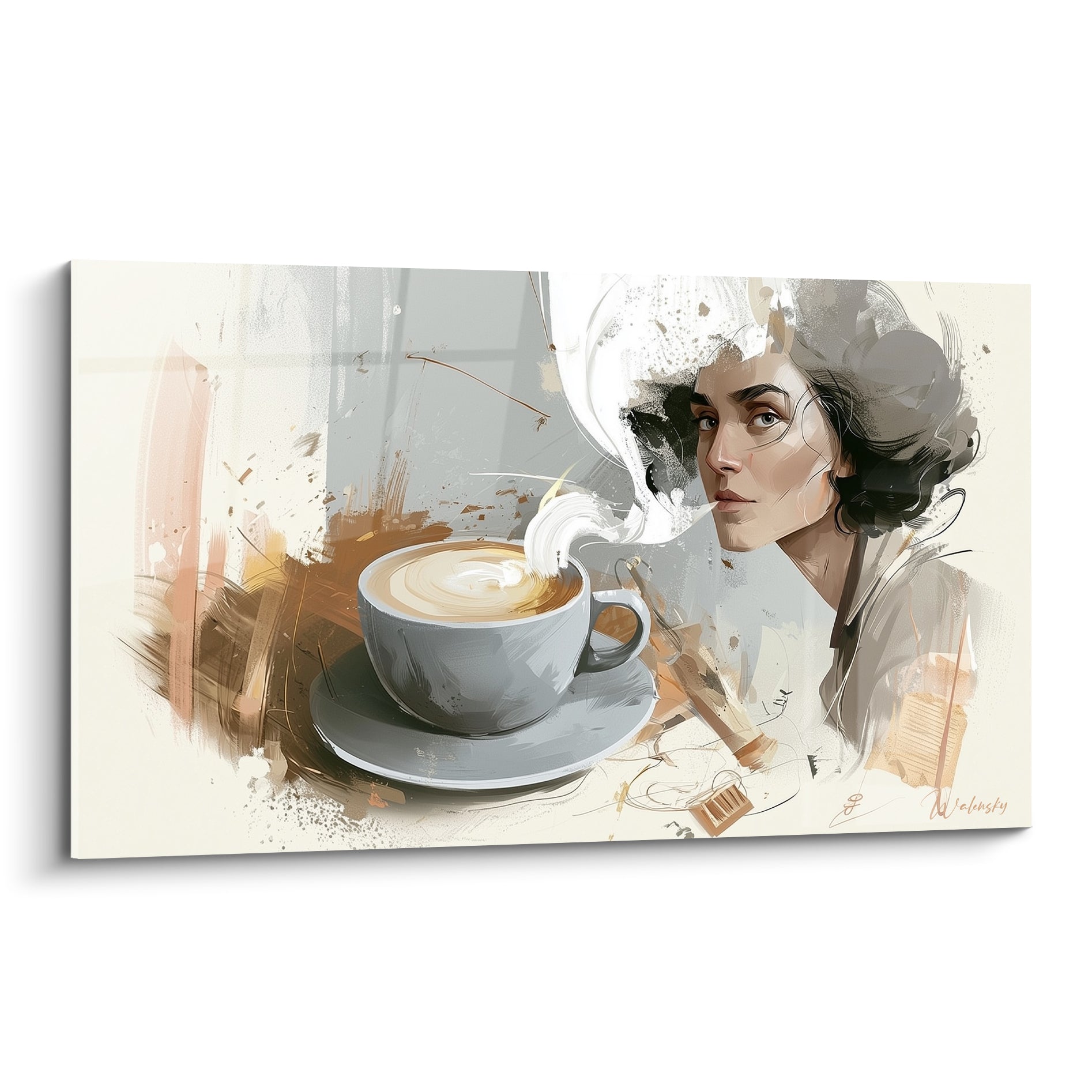 Tableau café représentant une tasse anthracite fumante et un visage esquissé en beige et ocre