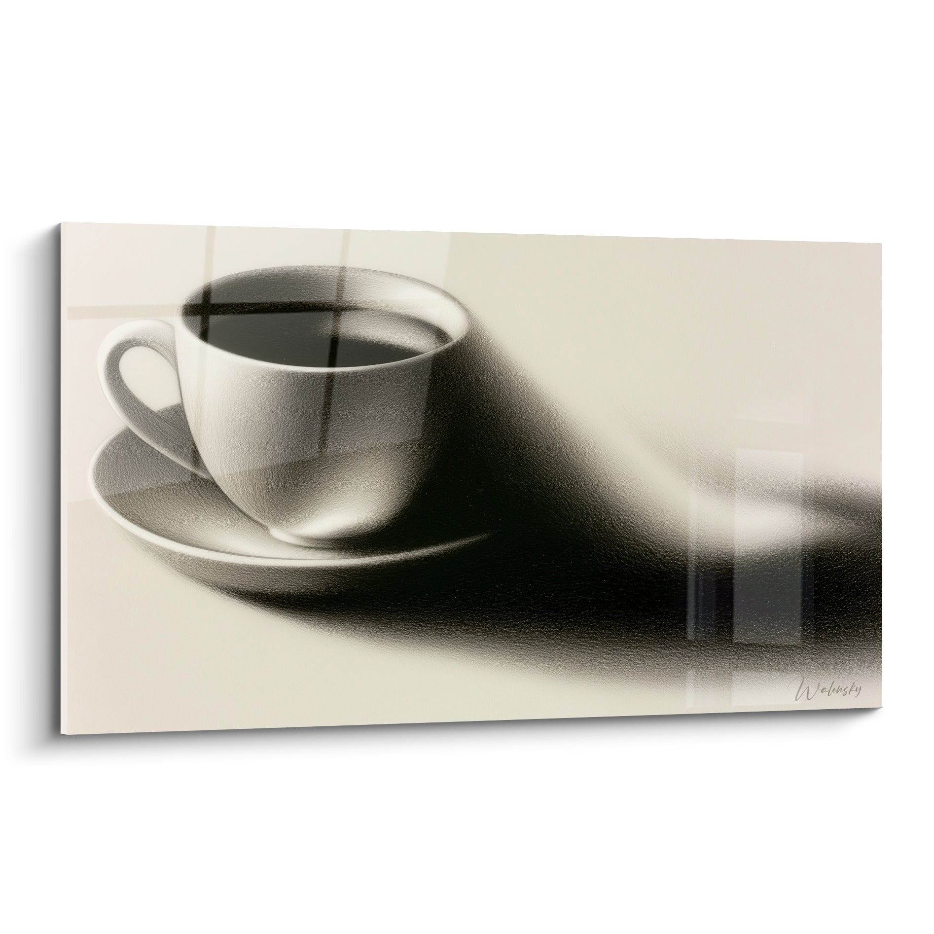 Tasse blanche et soucoupe posées sur fond ivoire, ombre anthracite étirée en diagonale graphique