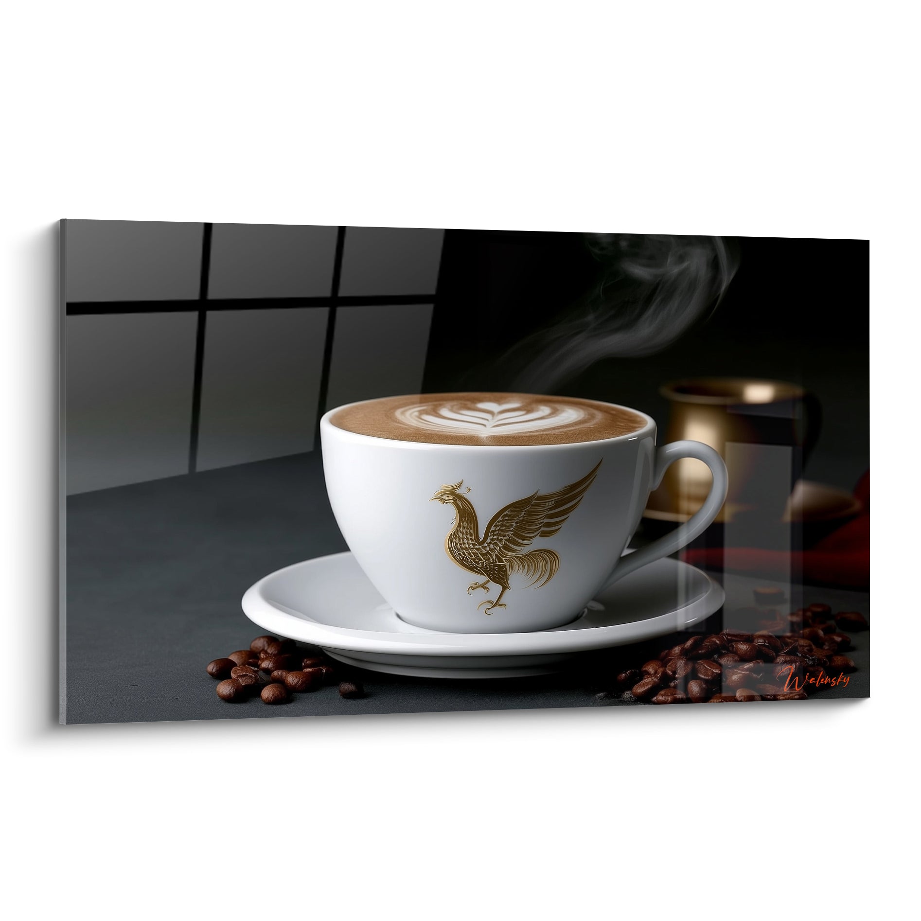 Phénix doré gravé sur tasse blanche, vapeur grise s'élevant sur fond anthracite structuré