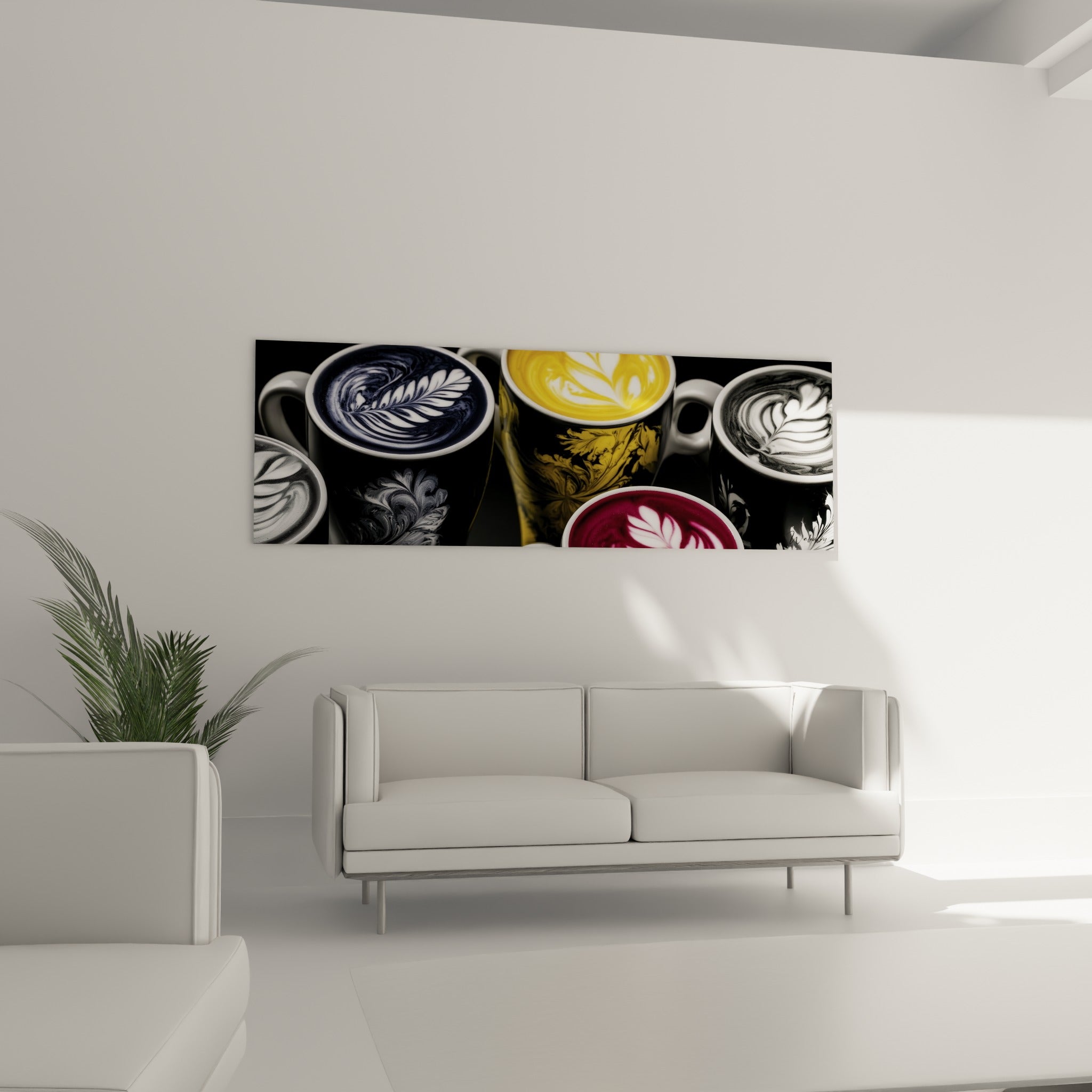 Tasses de café bordeaux et anthracite, latte art délicat, au-dessus d'un canapé dans un salon lumineux