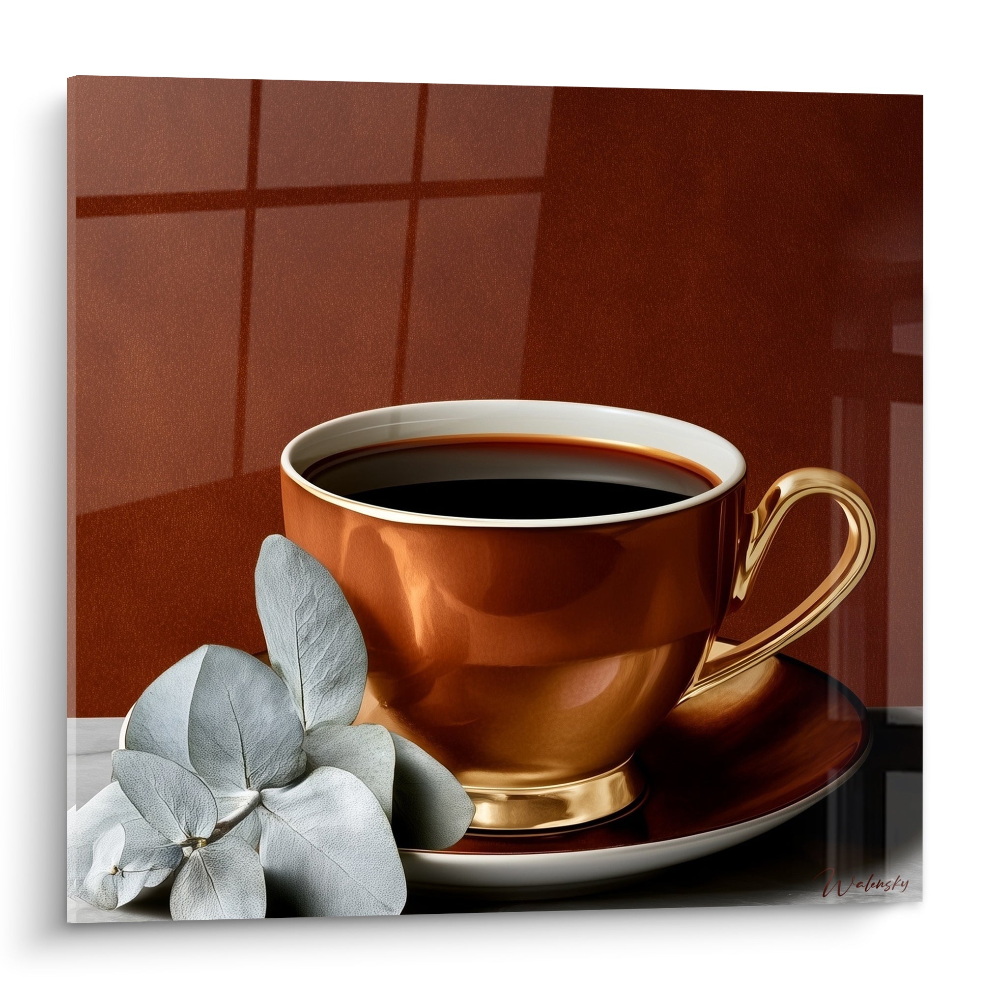 Tasse cuivrée café noir et feuilles argentées sur fond terracotta lumineux et graphique