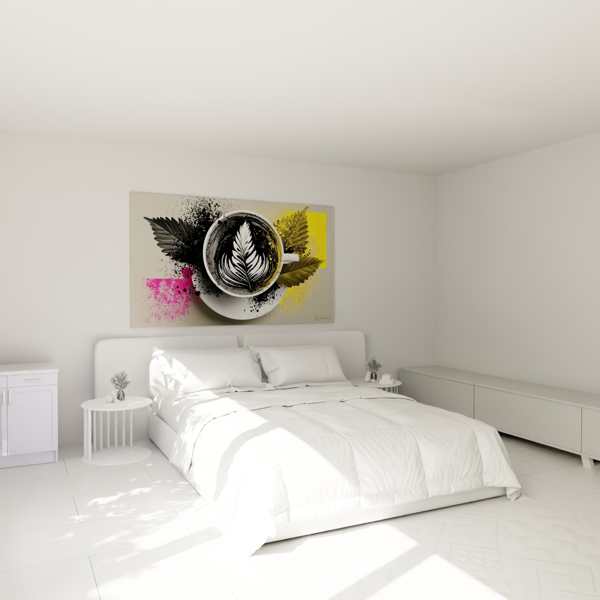 Latte art blanc sur fond noir avec éclats fuchsia et jaunes au-dessus d'un lit dans une chambre claire