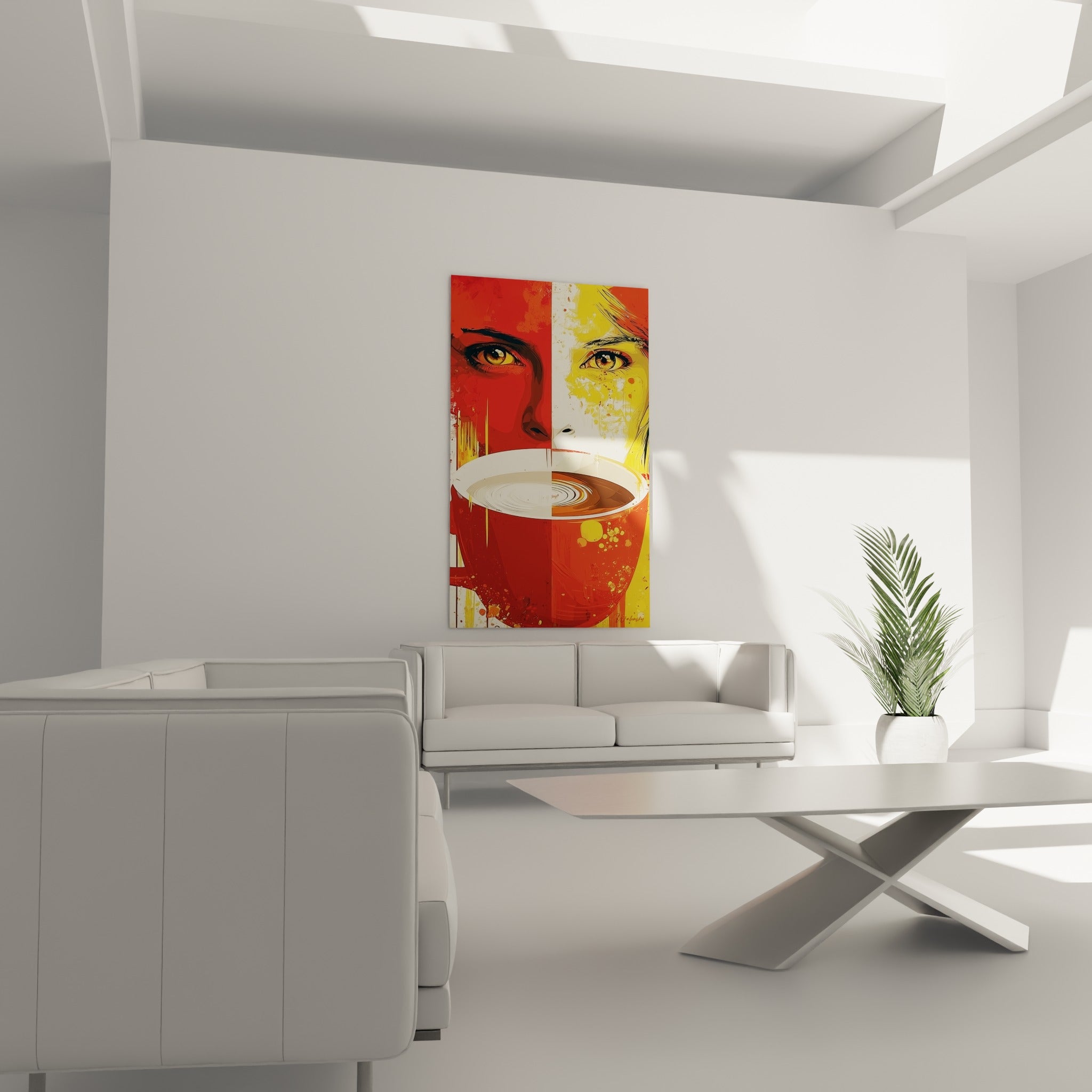 Tasse fumante entre deux visages rouge écarlate et jaune ocre, au-dessus d'un canapé dans un salon lumineux