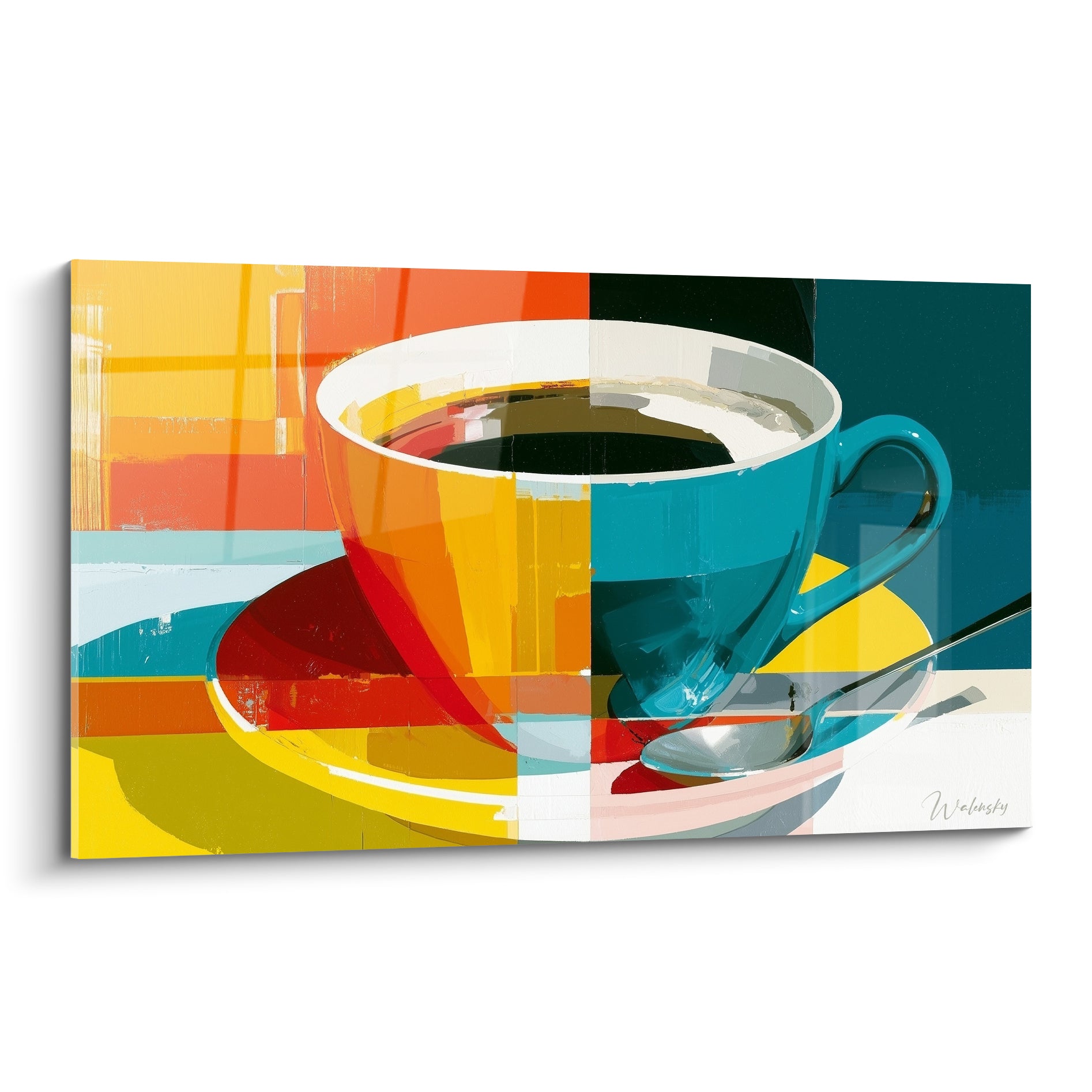 Tasse de café jaune orangé et bleu canard, style pop art aux blocs de couleurs vifs