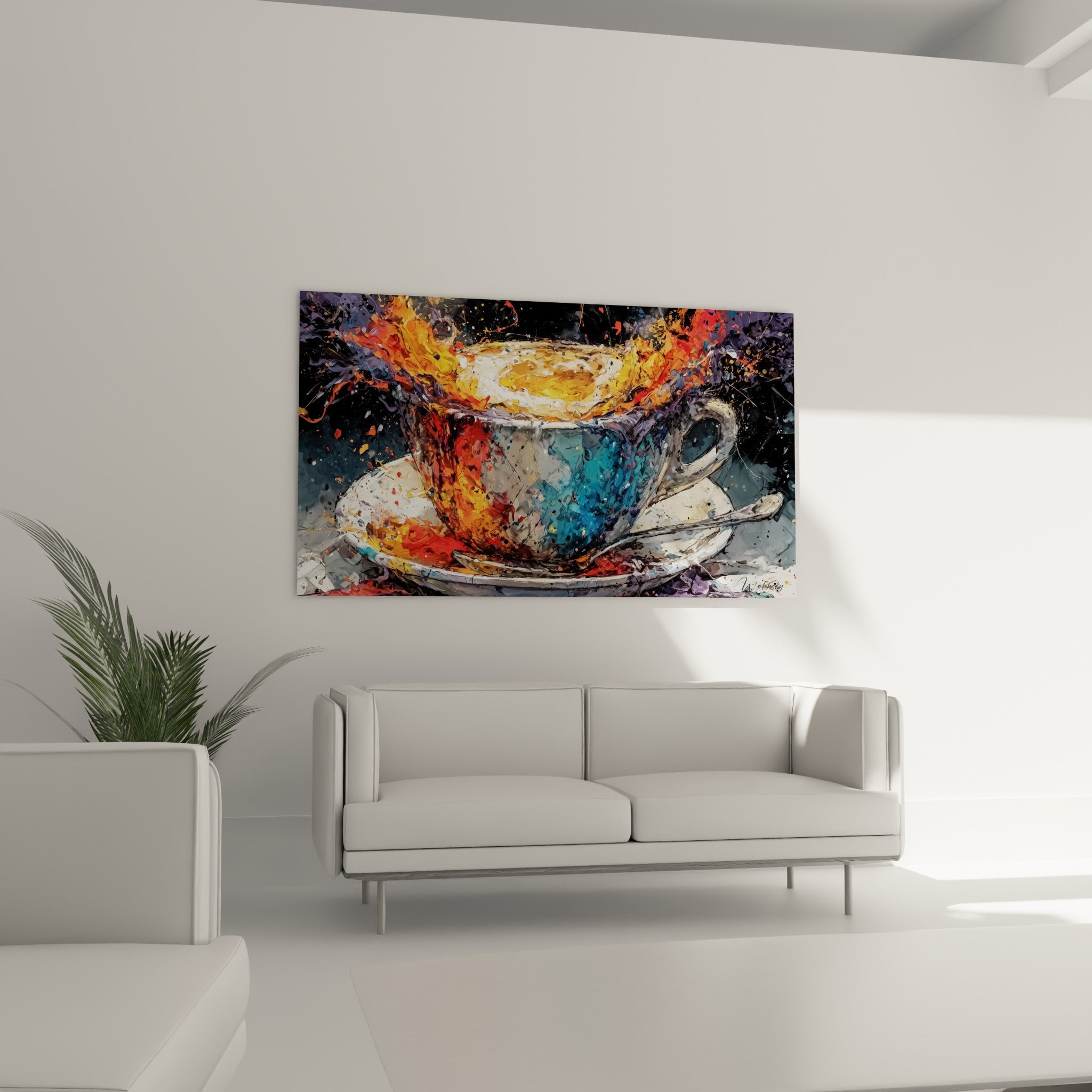 Tasse bleue et rouge en pleine explosion de café au-dessus d'un canapé dans un salon lumineux