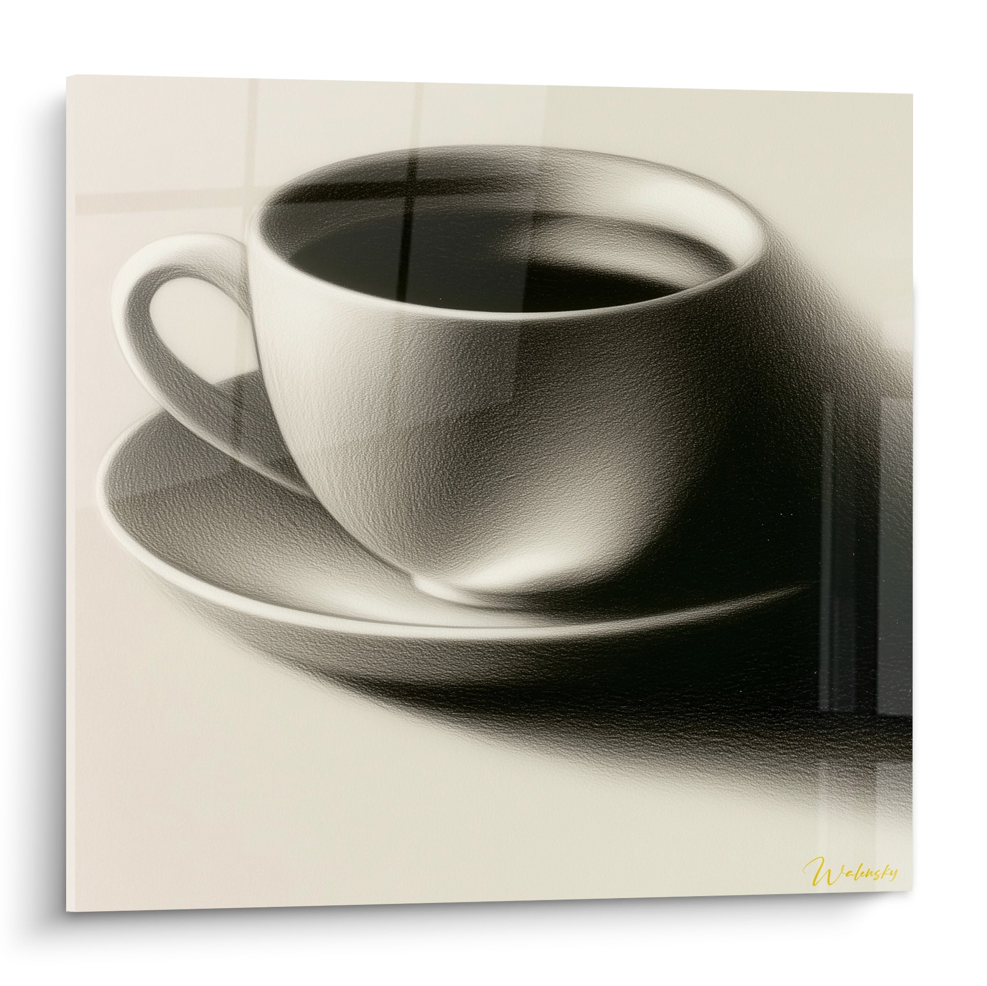 Tasse de café noire et blanche en gros plan, ombre anthracite profonde et liquide sombre luisant