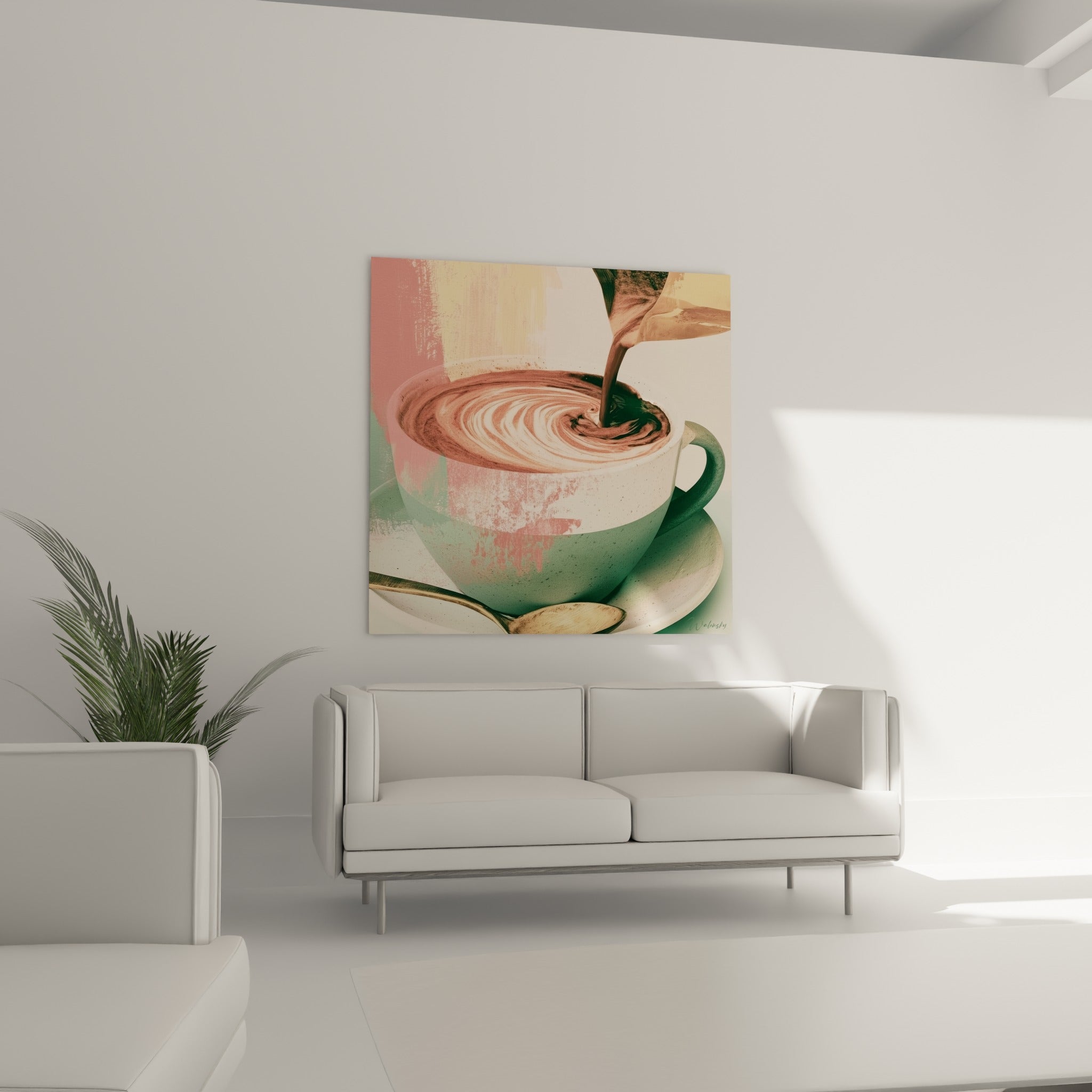 Tasse verte au café tourbillonnant accrochée au-dessus d'un canapé dans un salon lumineux