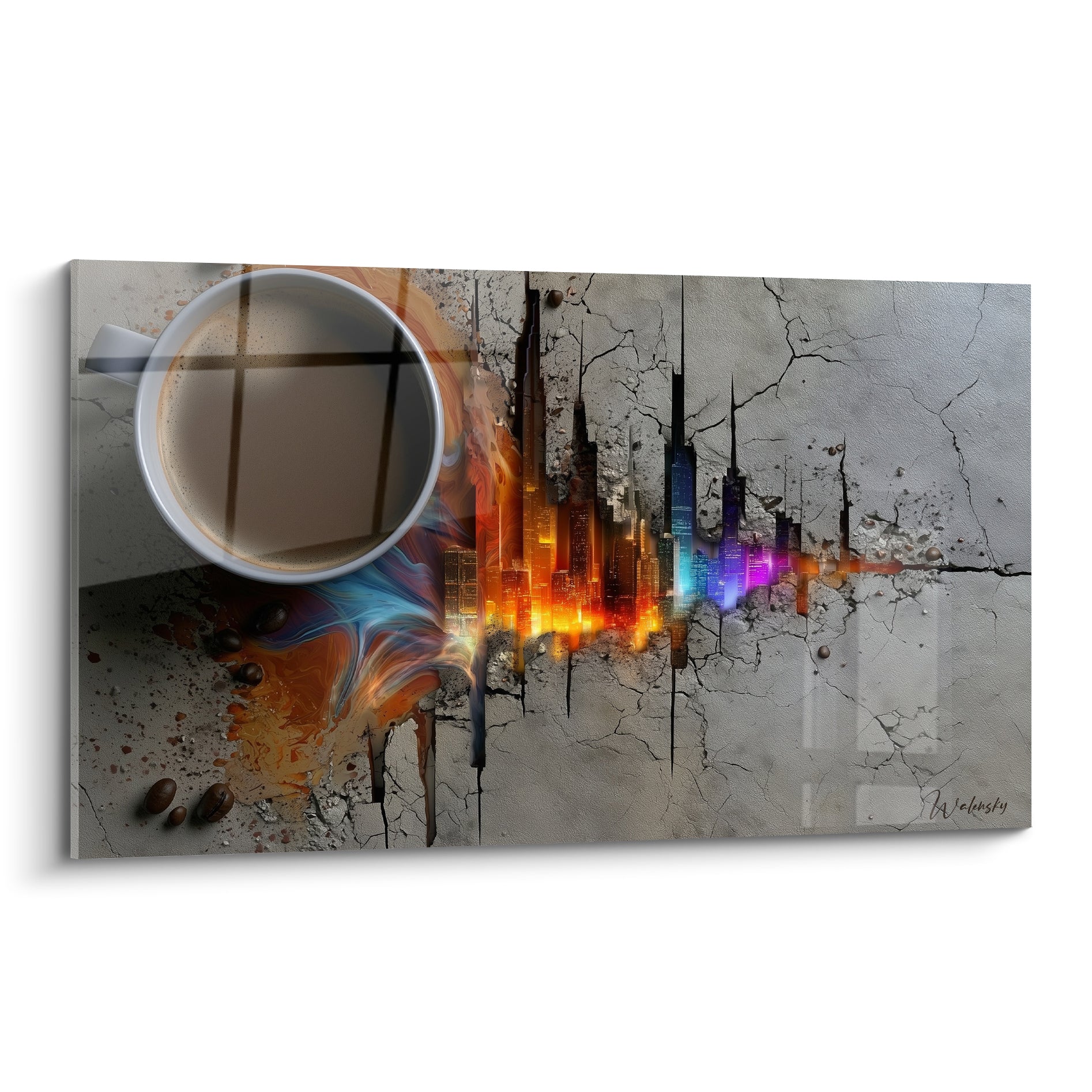 Tasse blanche renversant un café orangé qui révèle une skyline bleu et violet sur béton fissuré