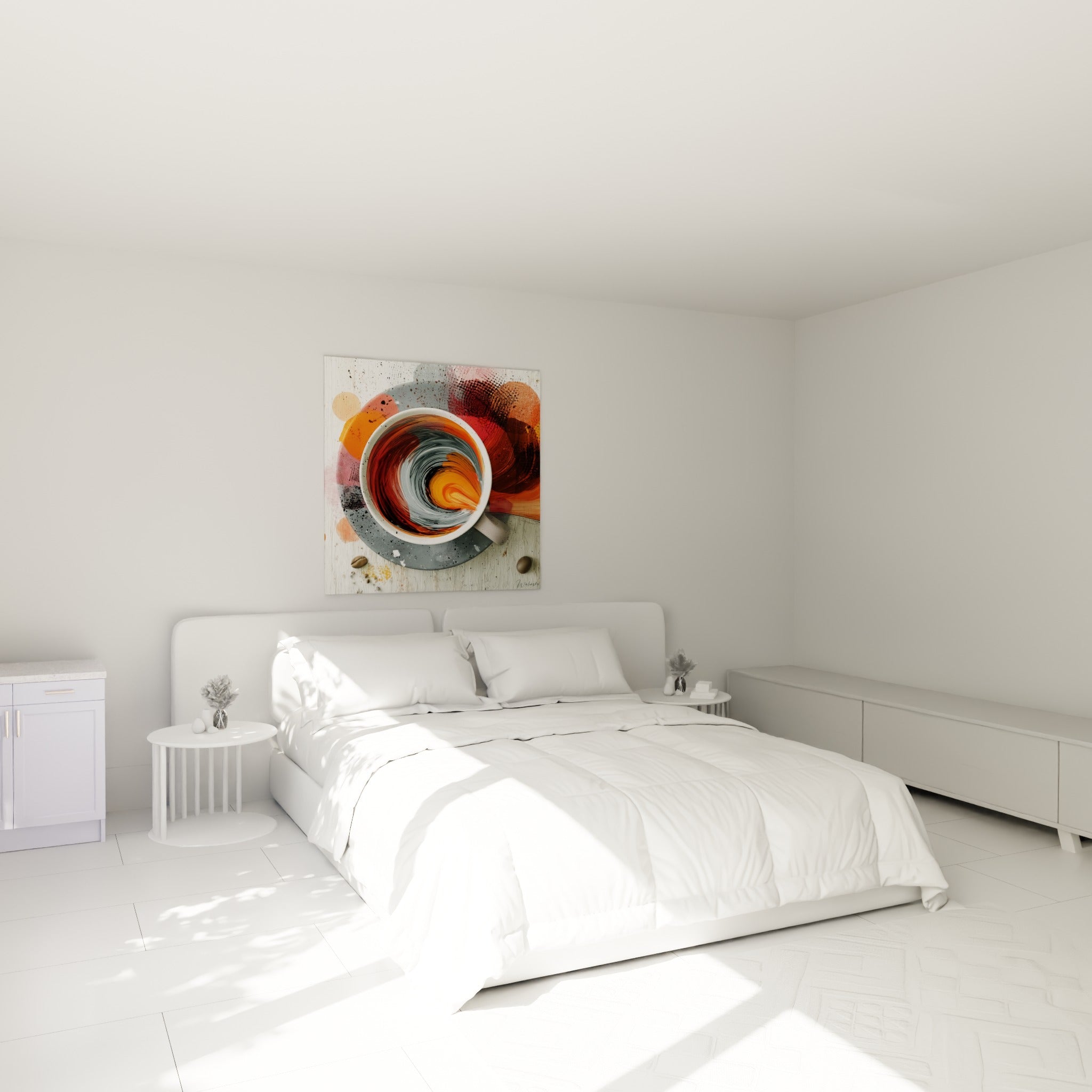 Tourbillon orange et gris dans une tasse de café, accroché au-dessus d'un lit dans une chambre claire