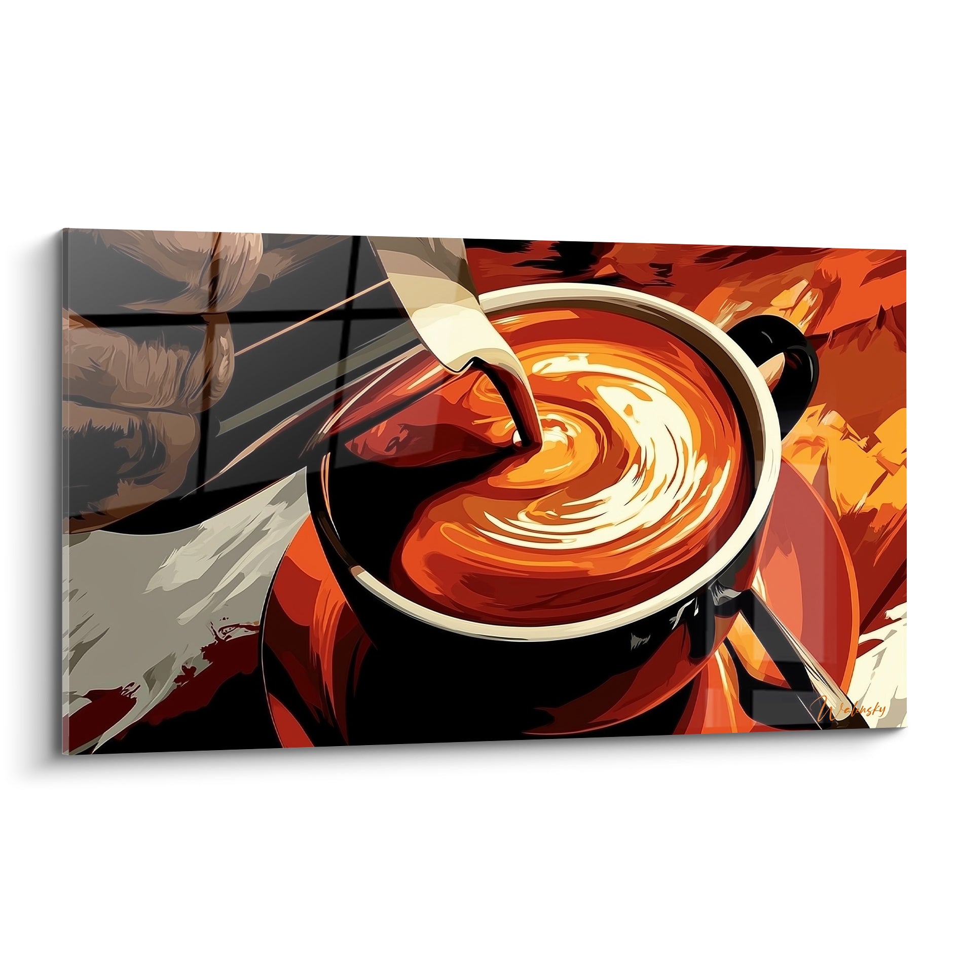 Tasse de café ocre avec mousse crème versée en spirale sur fond terracotta et anthracite