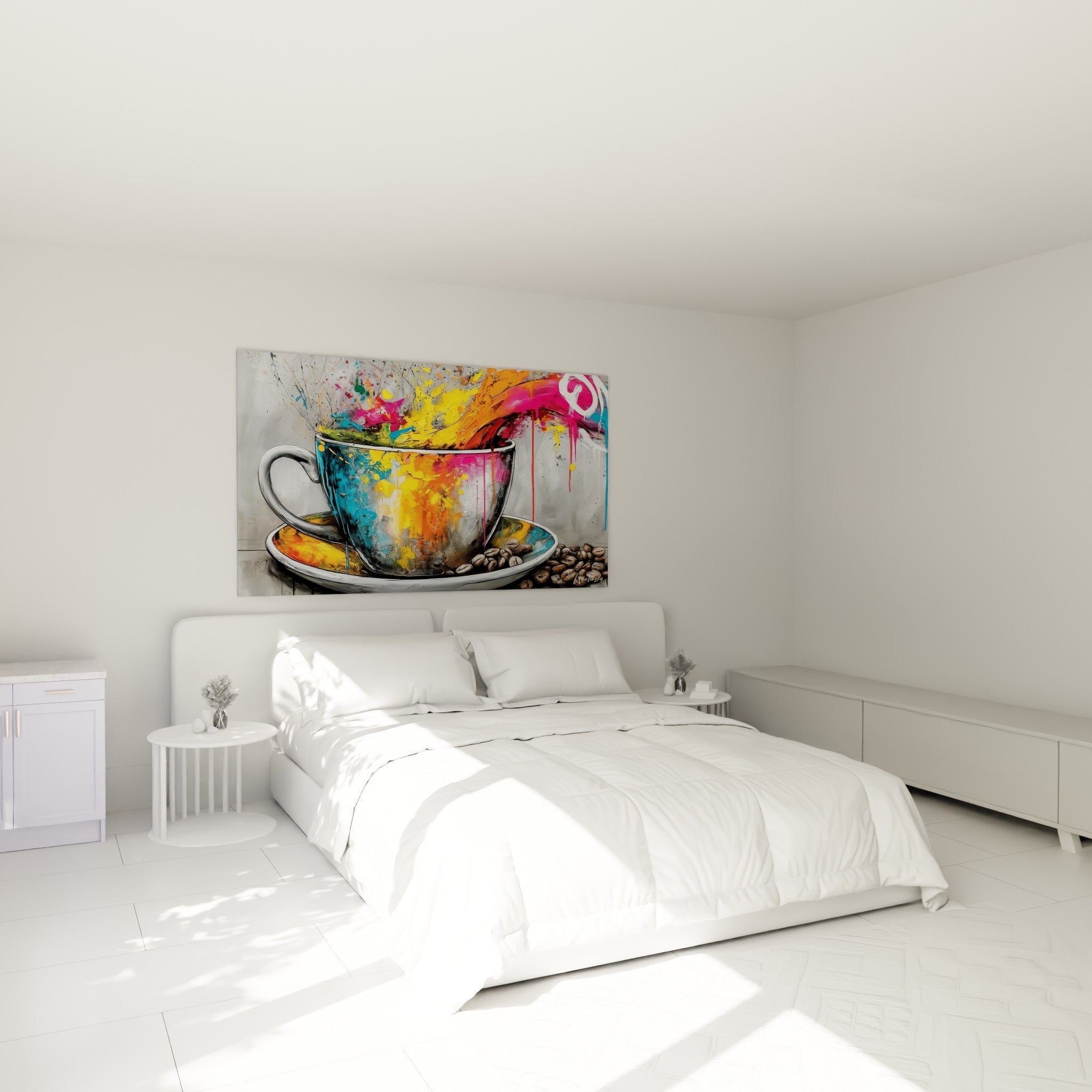Explosion colorée turquoise et rose jaillissant d'une tasse, au-dessus d'un lit dans une chambre claire