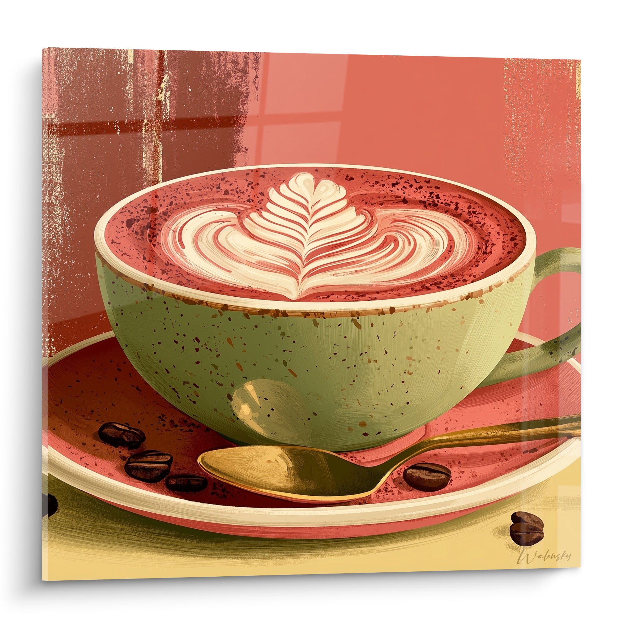 Tasse vert sauge et cappuccino corail à motif en feuille, grains anthracite sur soucoupe rosée