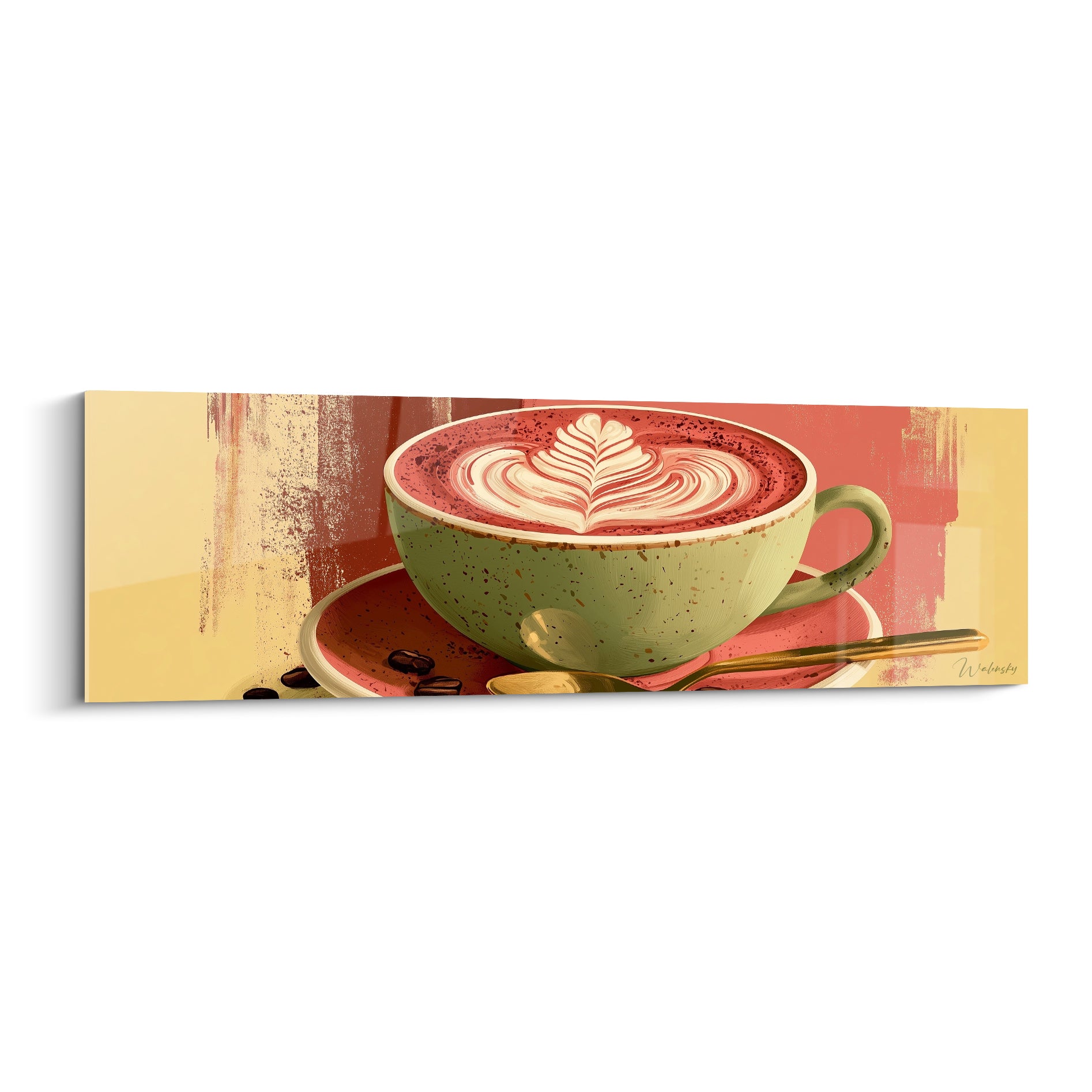 Tasse verte moussue au latte art rosé sur fond corail et jaune sable texturé