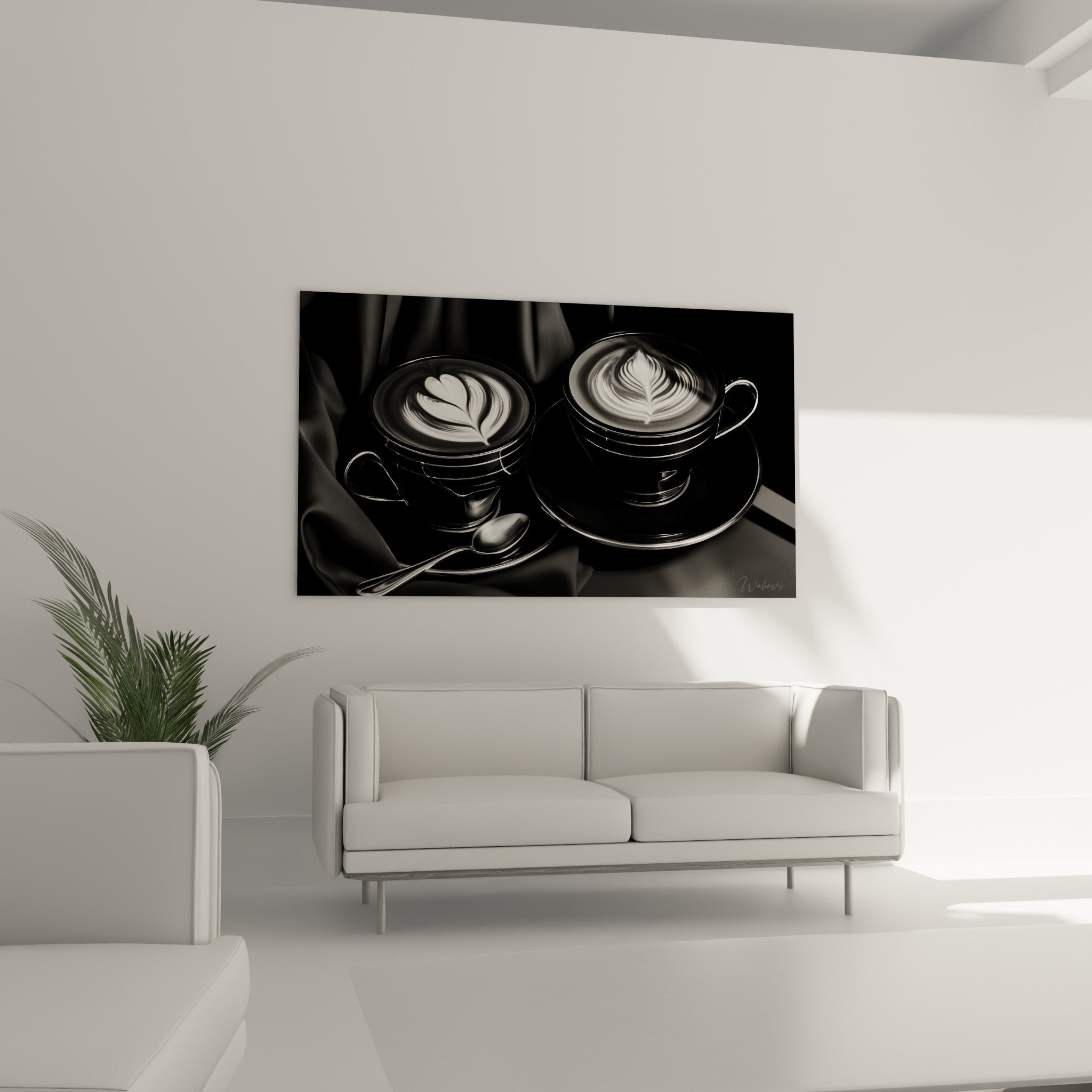 Tasses de café anthracite et mousse blanche crémeuse, au-dessus d'un canapé dans un salon lumineux