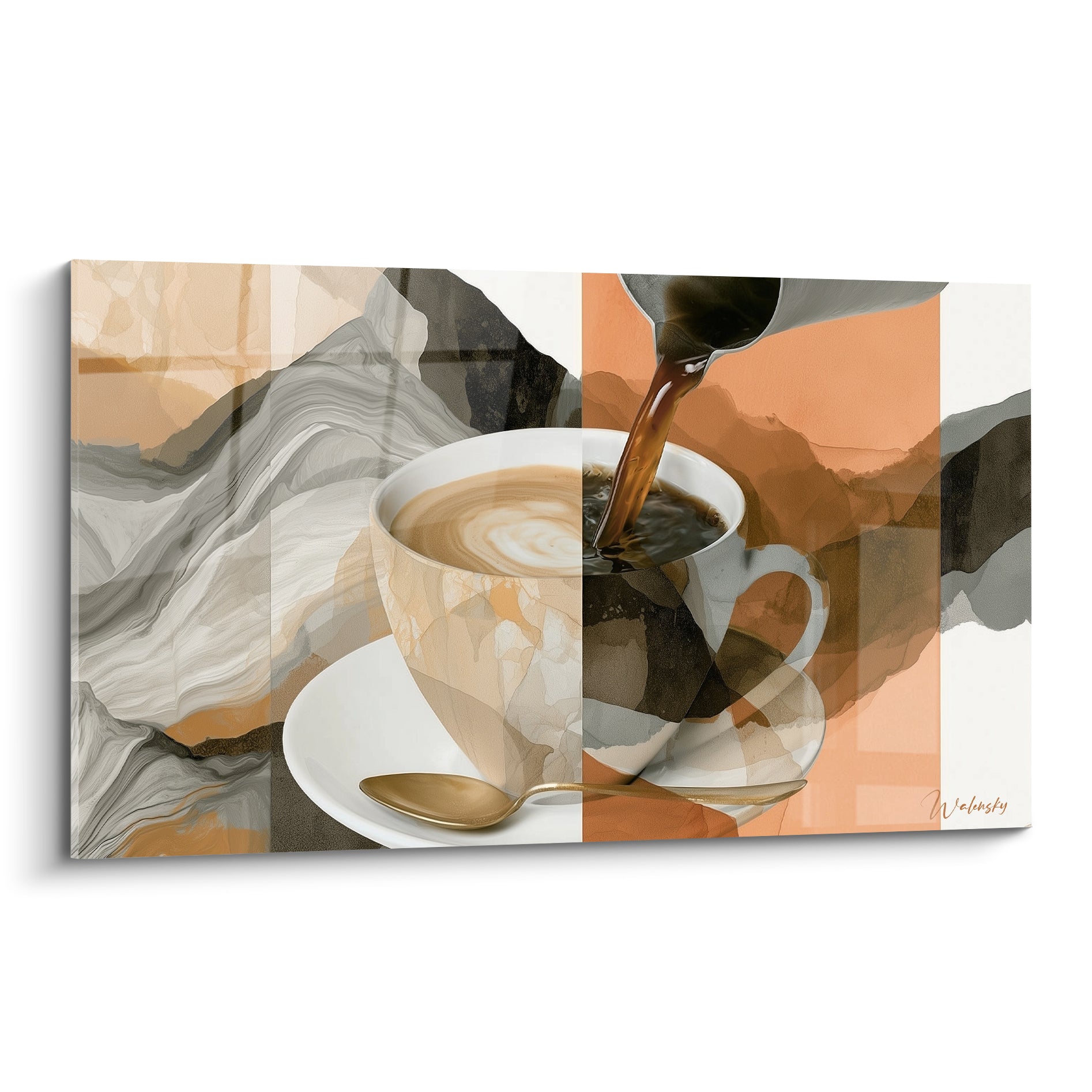 Café versé dans des tasses blanches sur fond terracotta et anthracite marbré